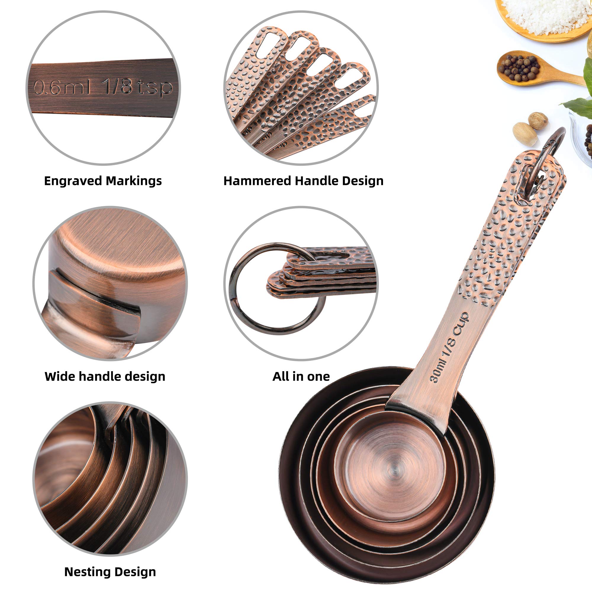 Smithcraft Copper Measuring Cups And Spoons Set For Baking & Kitchen, Stainless Steel Measuring Cups & Spoons Set, 5 Dry Measuri