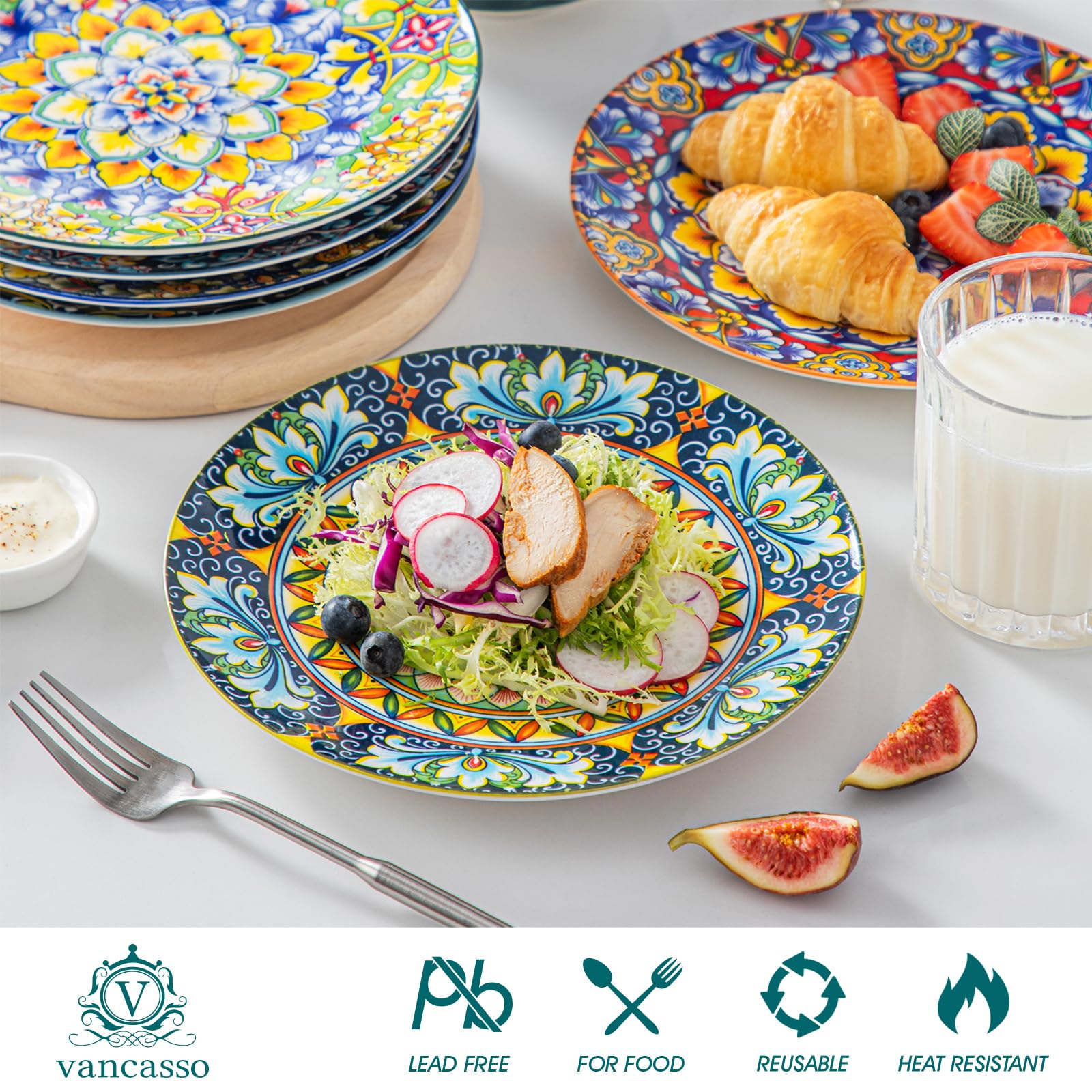 vancasso Salad Plates Set of 6, 8.5" Porcelain, Bohemian Style, Microwave & Dishwasher Safe, Colorful Small Dinner Plates