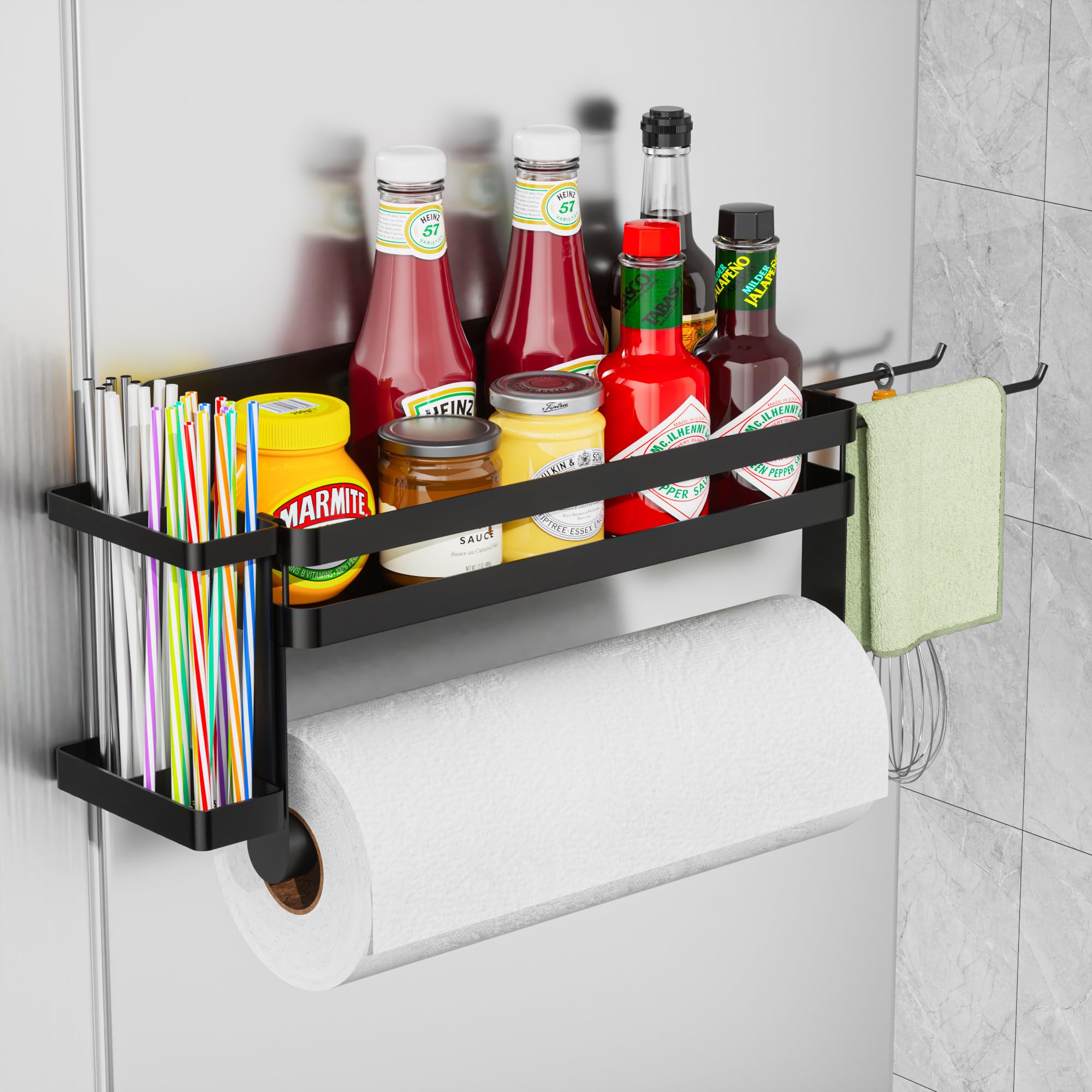 ZUNTO Magnetic Paper Towel Holder with Extra Straws Holder, Strong Magnet Paper Towel Roll Rack for Fridge with Spice Shelf and 
