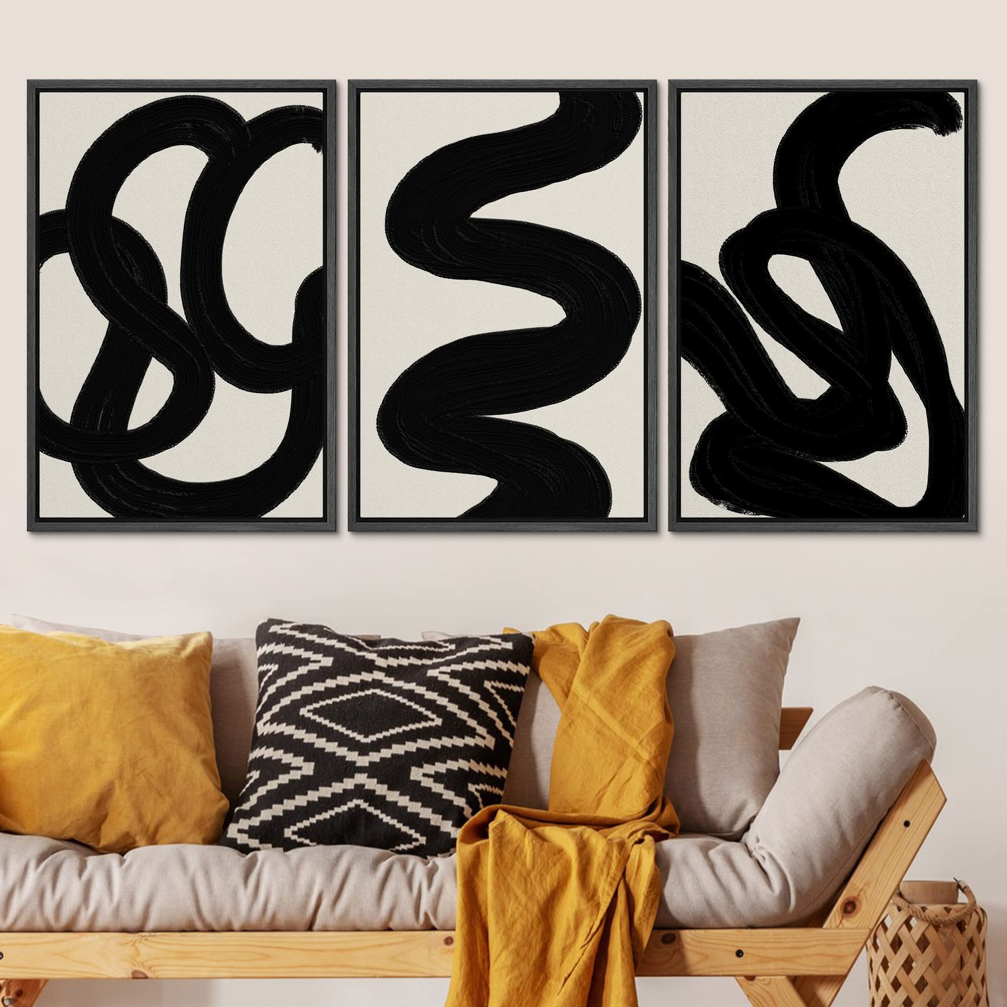 Signleader Framed Canvas Print Wall Art Set Duotone Minimal Dark Brush Stroke Landscape Abstract Shapes Illustrations Modern Art