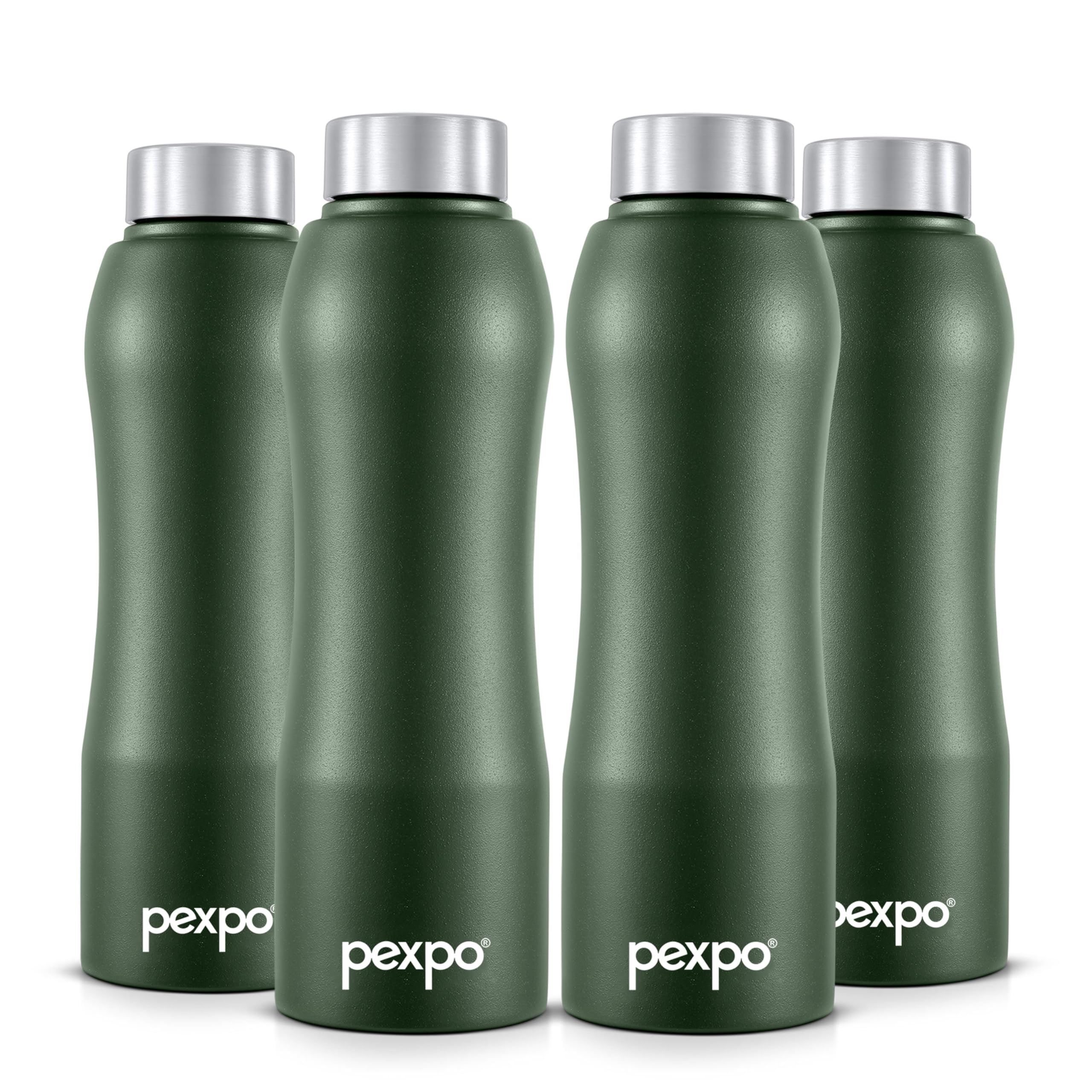 Pexpo Bistro Isi Certified Stainless Steel Fridge/Sports Water Bottle 750Ml, Military Green, Pack Of 4| Single Walled|Easy Grip|