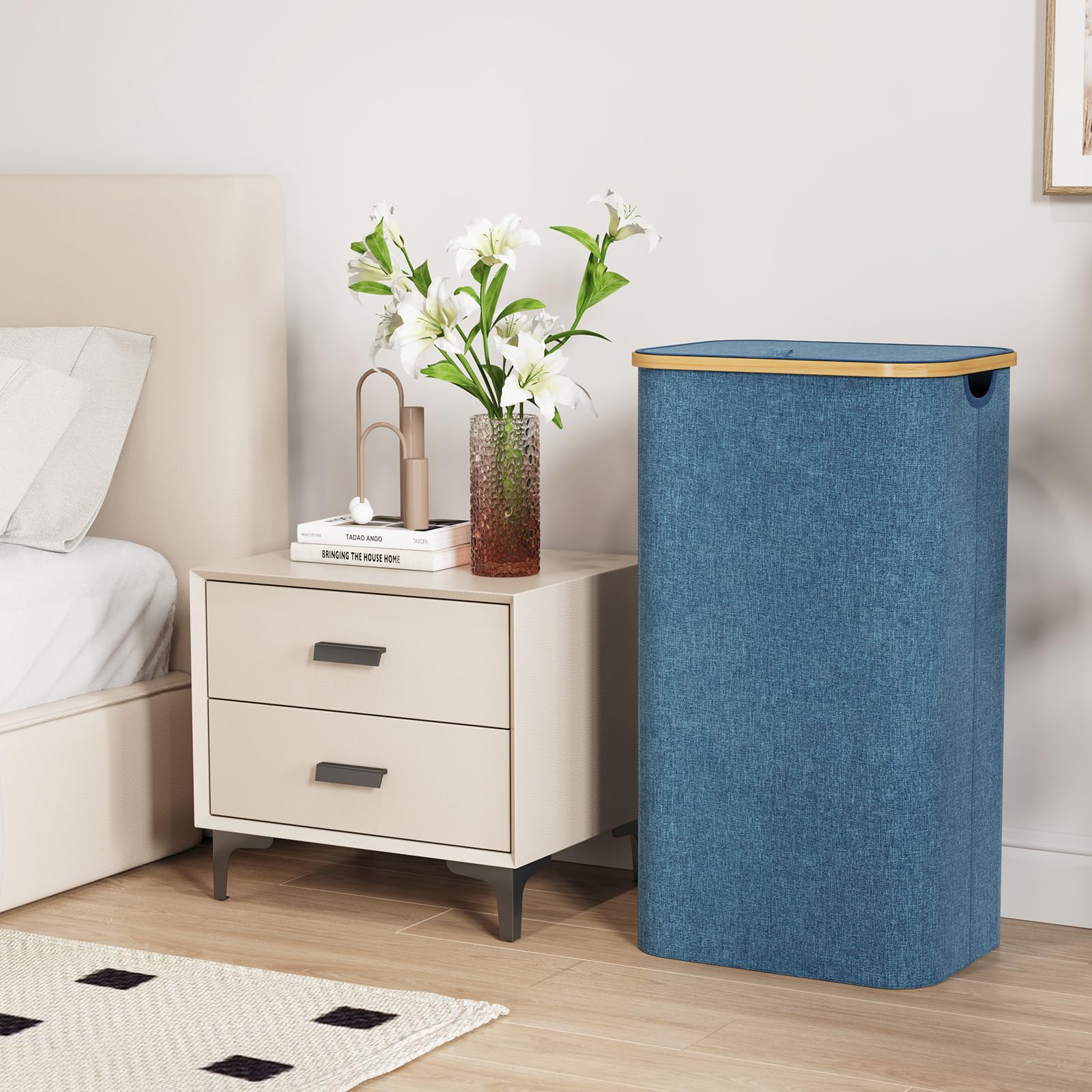 Lifewit 80L Laundry Basket With Lid, Clothes Hampers With Bamboo Handles And A Removable Laundry Bag, Large Foldable Hamper For
