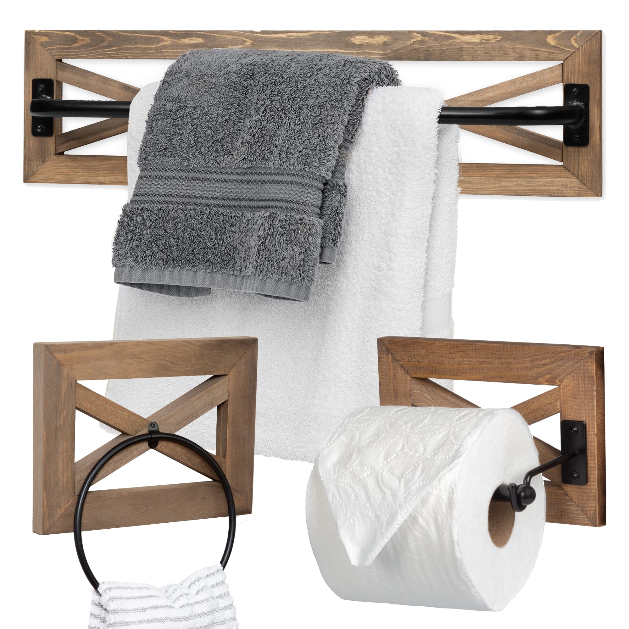 Ilyapa Rustic Towel Bar Toilet Paper Holder Set With Towel Ring For Bathroom- Wall Mounted Bathroom Racks -Barnwood & Black Meta