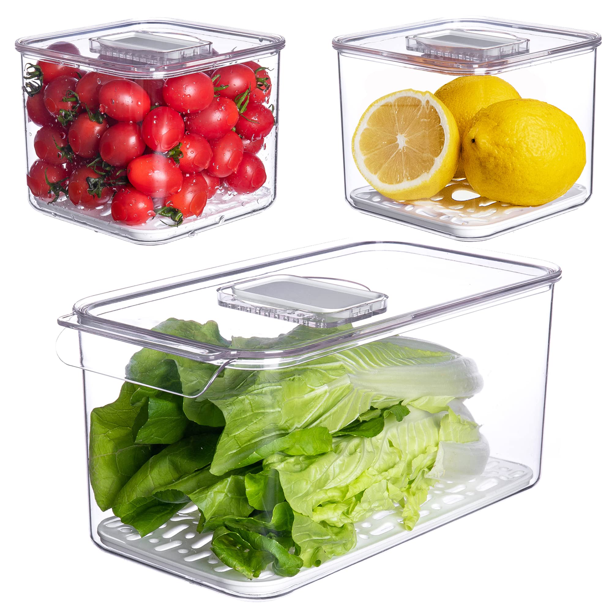 Vacane Fresh Produce Saver For Refrigerator, 3 Pcs Food Fruit Lettuce Keeper Containers, Salad Vegetable Storage Organizers Stac