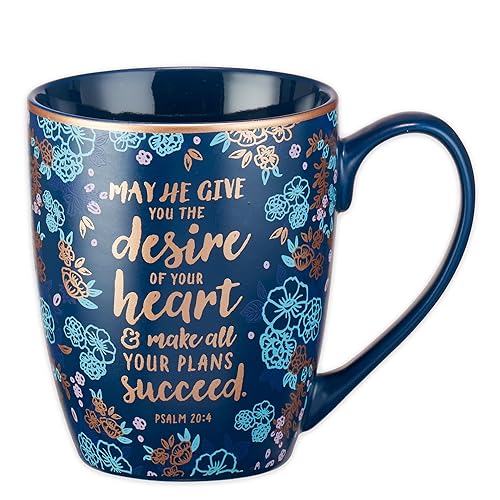 Christian Art Gifts Blue Bible Verse Mug - Floral Faith Mug for Women & Men  Ceramic Coffee Mug w/Gold Trim & Psalm 20:4 Calligraphy - ?The Desires of Your Heart? Mug  12 oz