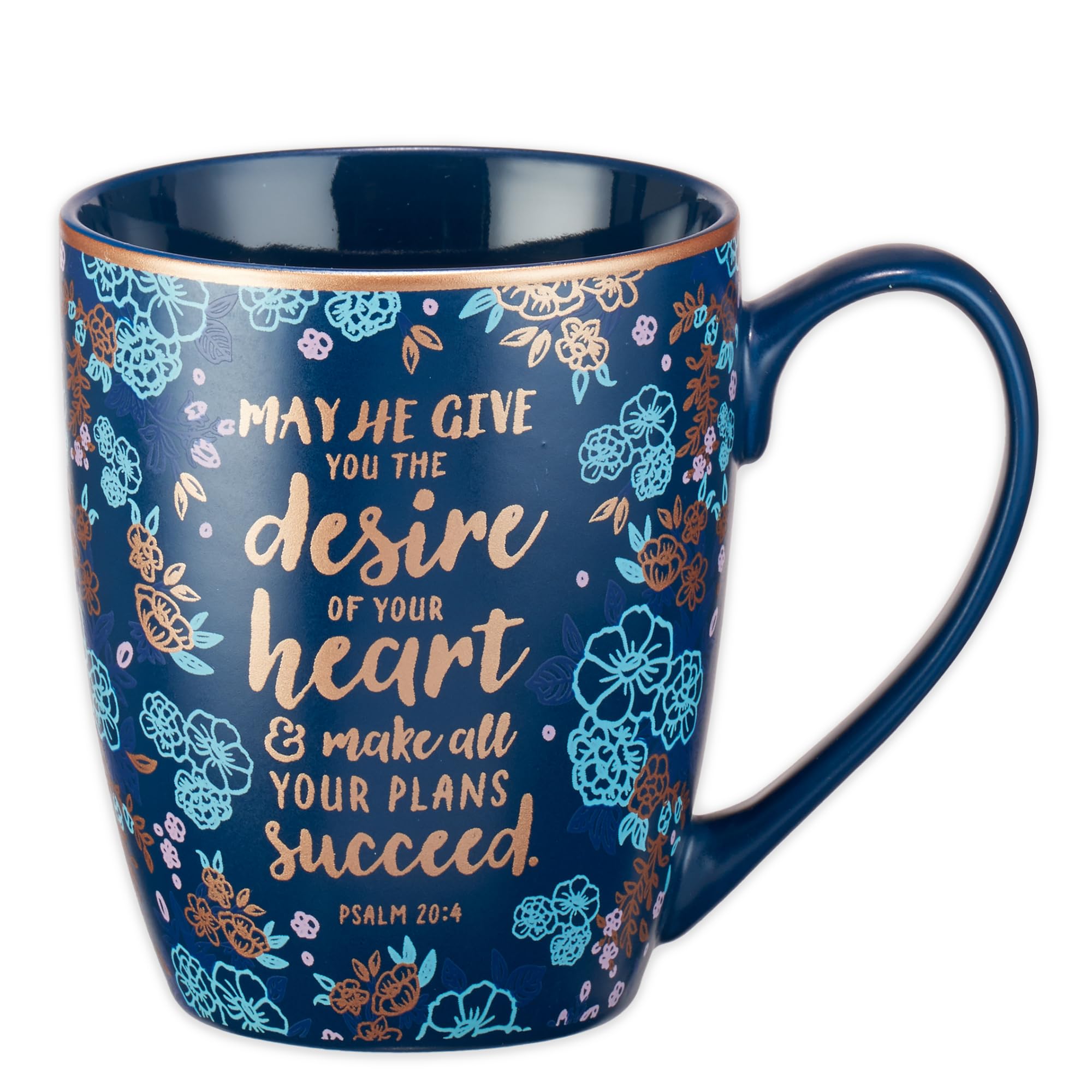 Christian Art Gifts Blue Bible Verse Mug - Floral Faith Mug for Women & Men  Ceramic Coffee Mug w/Gold Trim & Psalm 20:4 Calligraphy - ?The Desires of Your Heart? Mug  12 oz