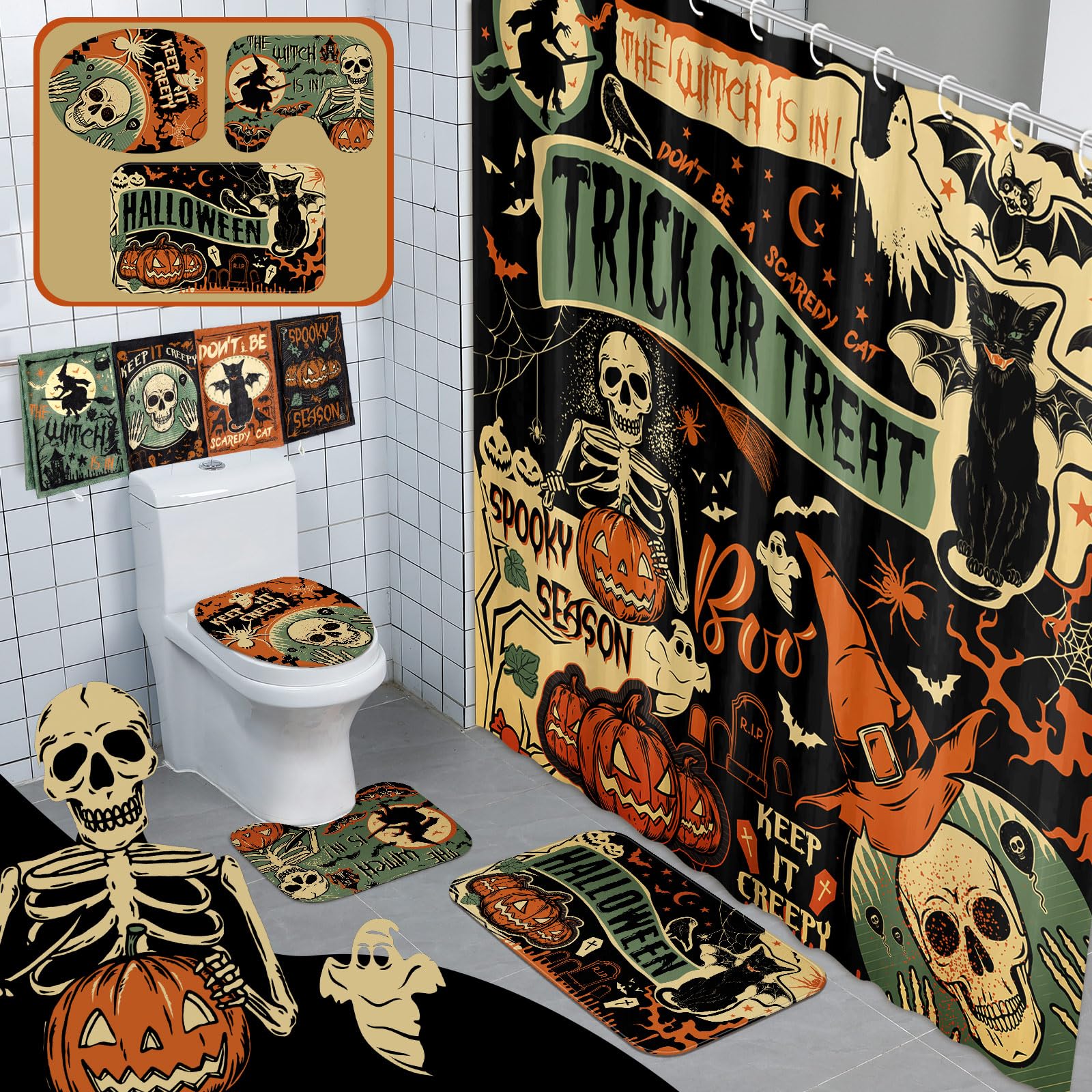 Fuweave 8 Pcs Halloween Shower Curtain Set For Bathroom Include Vintage Ghost Pumpkin Bat Cat Towels Non Slip Skull Rugs Toilet 