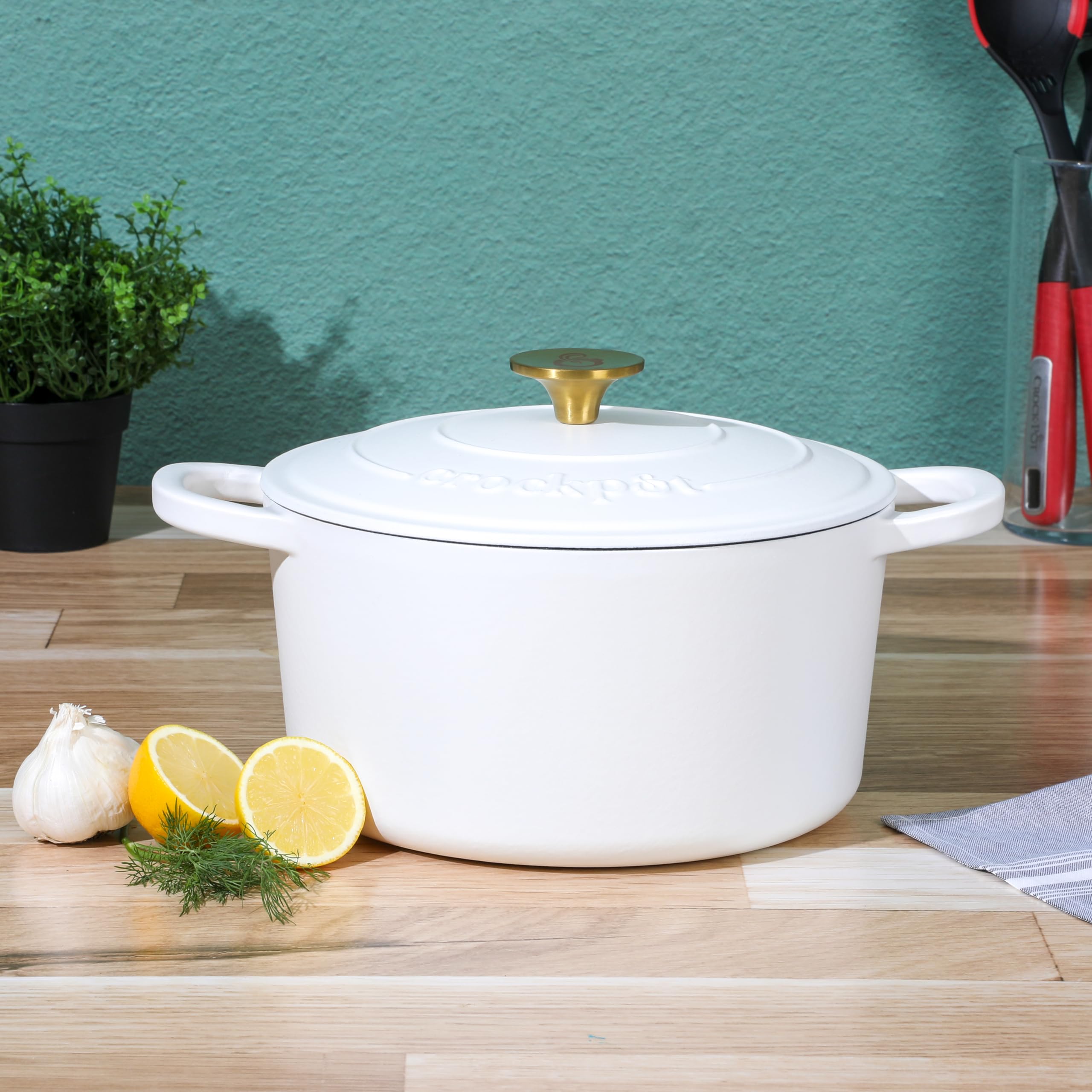 Crock Pot Artisan 5-Quart Round Dutch Oven - Matte Linen White W/Gold Knob