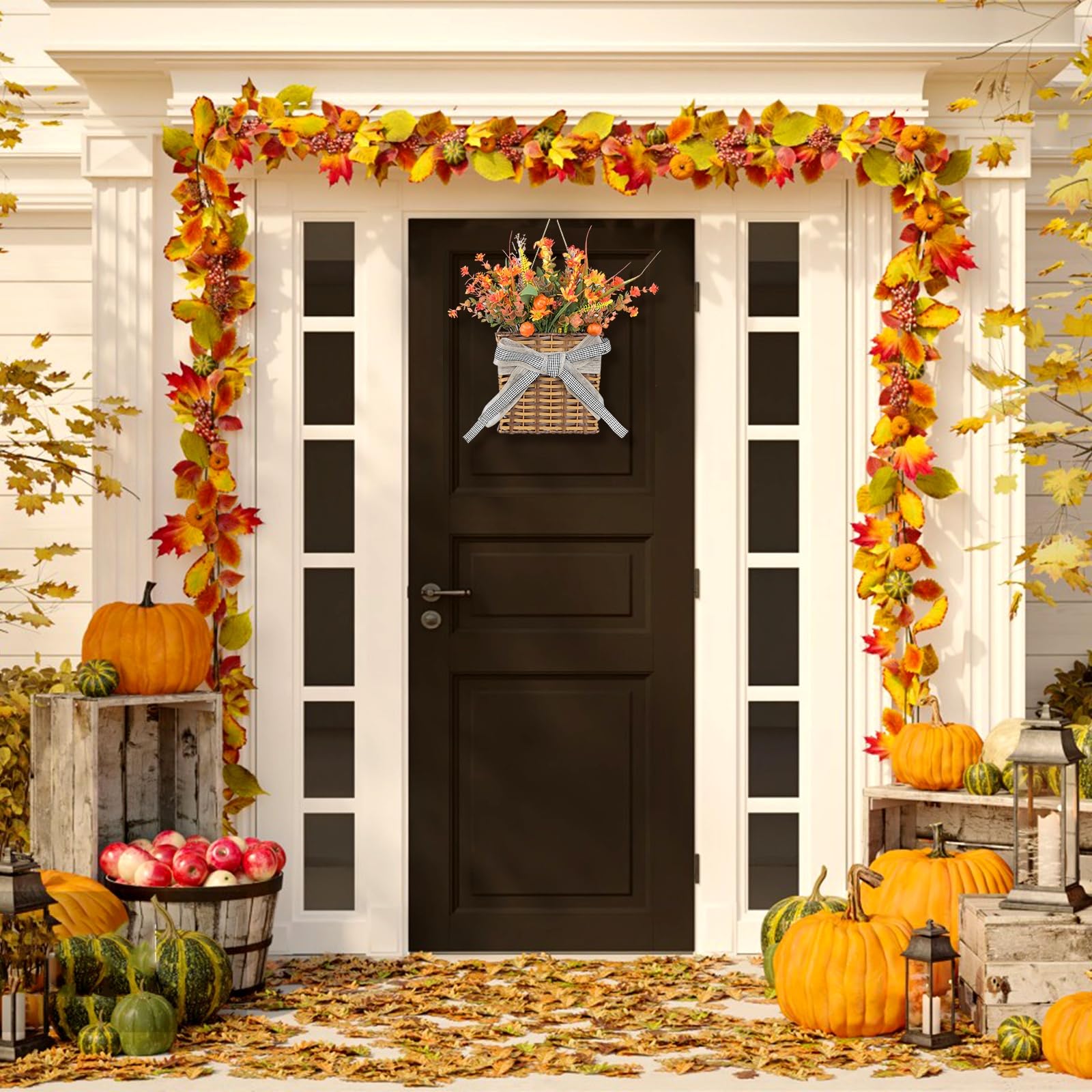 Thanksgiving Fall Door Hanger Basket Wreath Orange Pumpkin Wreath, Artificial Autumn Pumpkin Wreaths with Mixed Leaves Sunflower