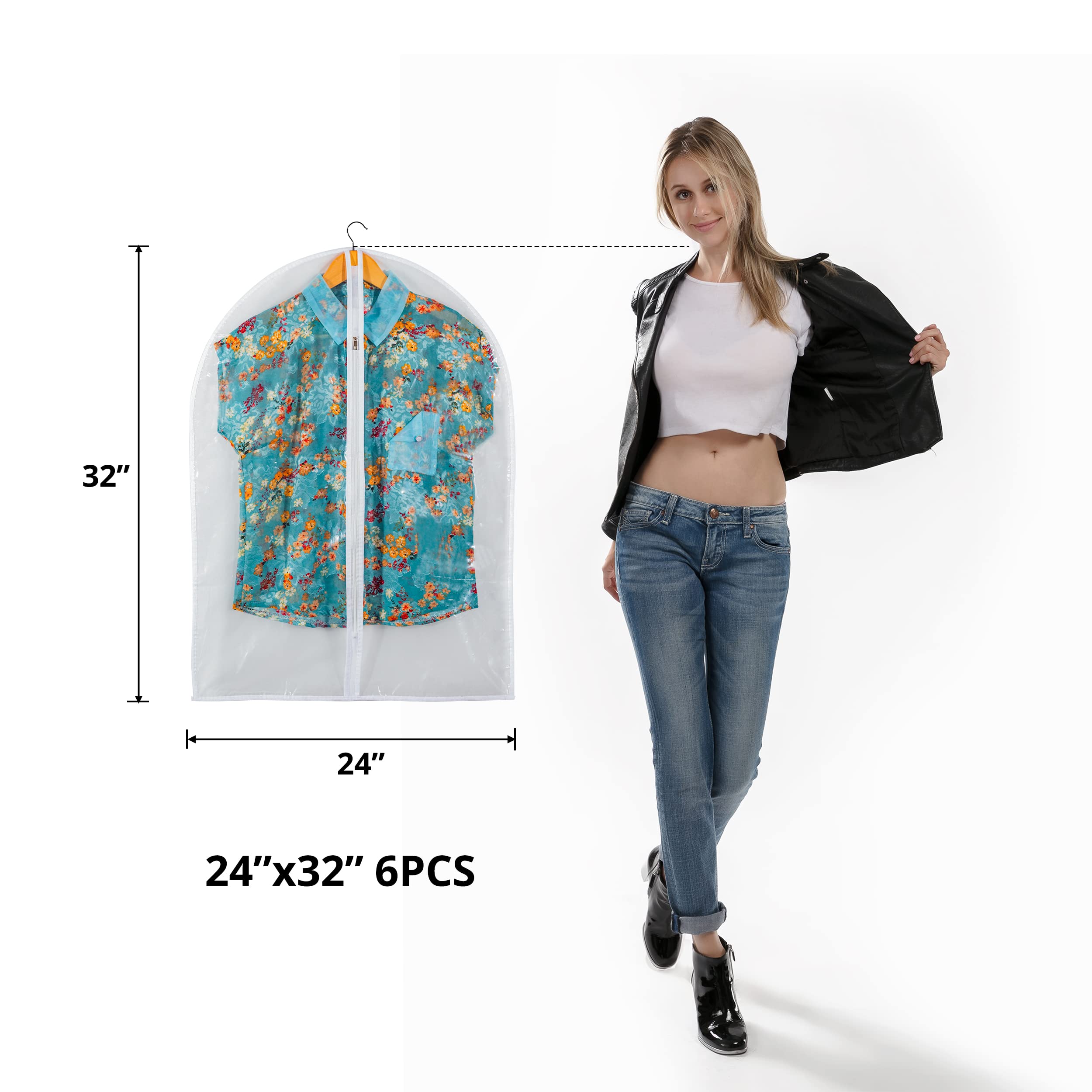Clear Garment Bag Suit Bags for Closet Storage  Vinyl Garment Bags for Hanging Clothes  Short Hanging Bags Coat Covers for Closet with Zipper - 24'' X 32''/6 Pack