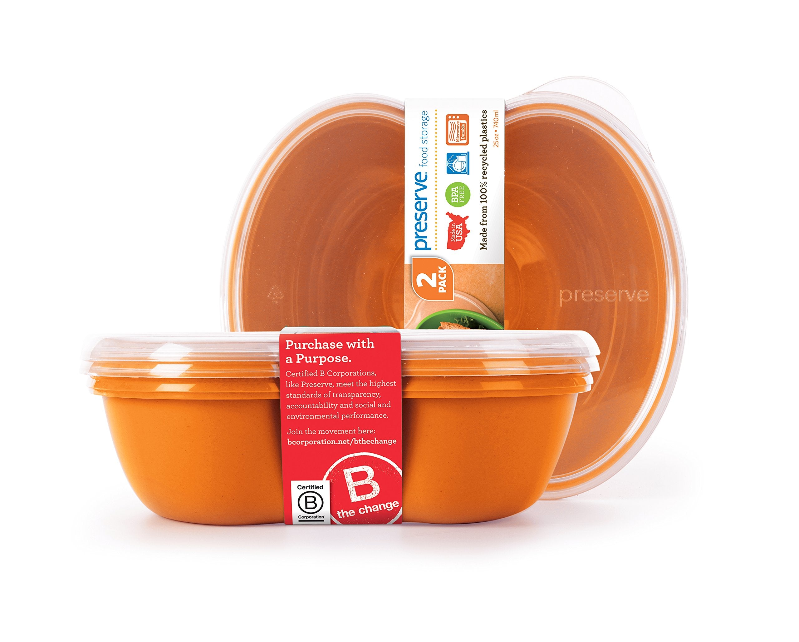 Preserve Square Food Storage Container Made From Recycled Plastic, 25 Ounce Capacity, Set Of 2, Orange