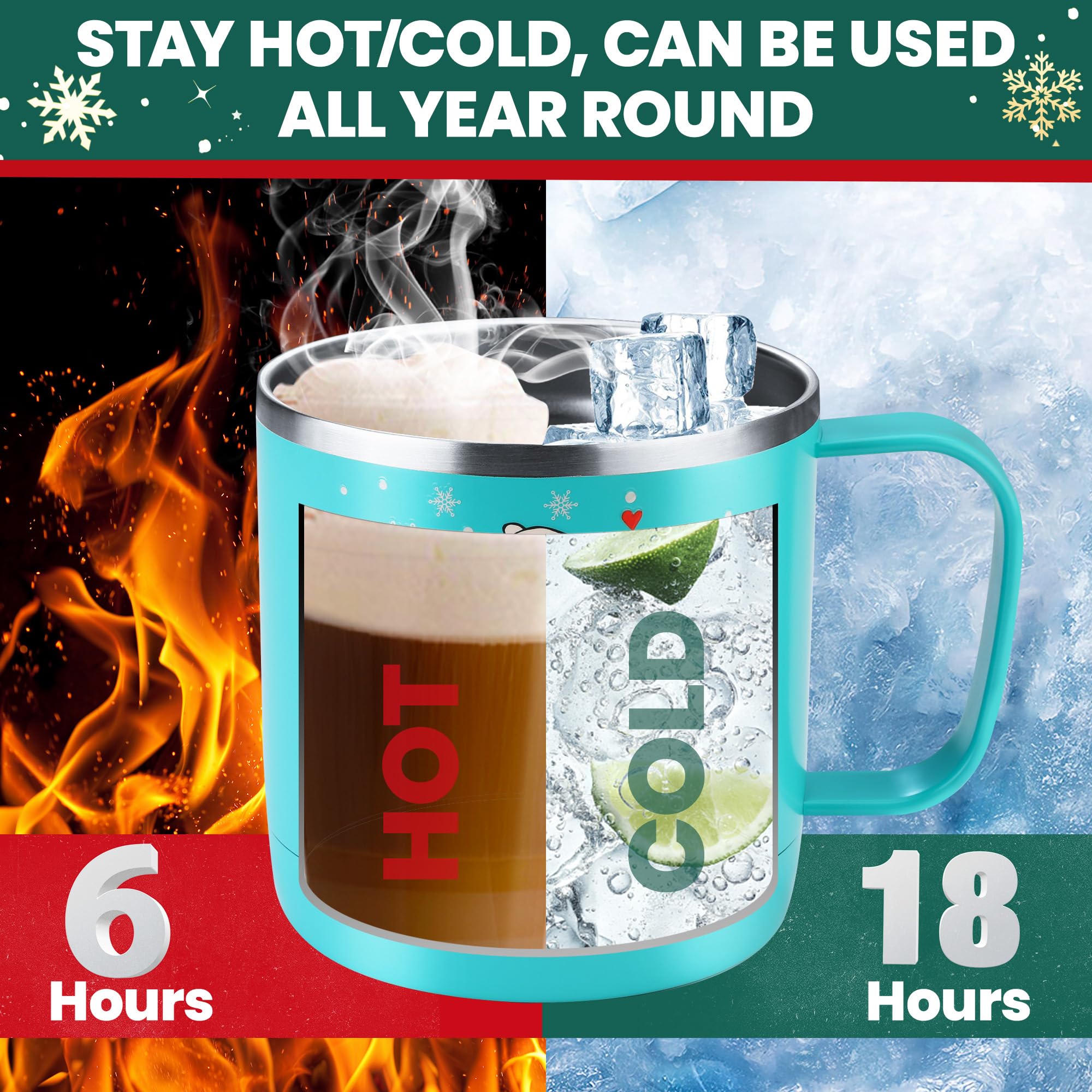 HAUSHOF 14oz Christmas Mug, Stainless Steel Coffee Mugs with Lid and Handle, Insulated Coffee Cups, Ideal Christmas Gifts for Mo