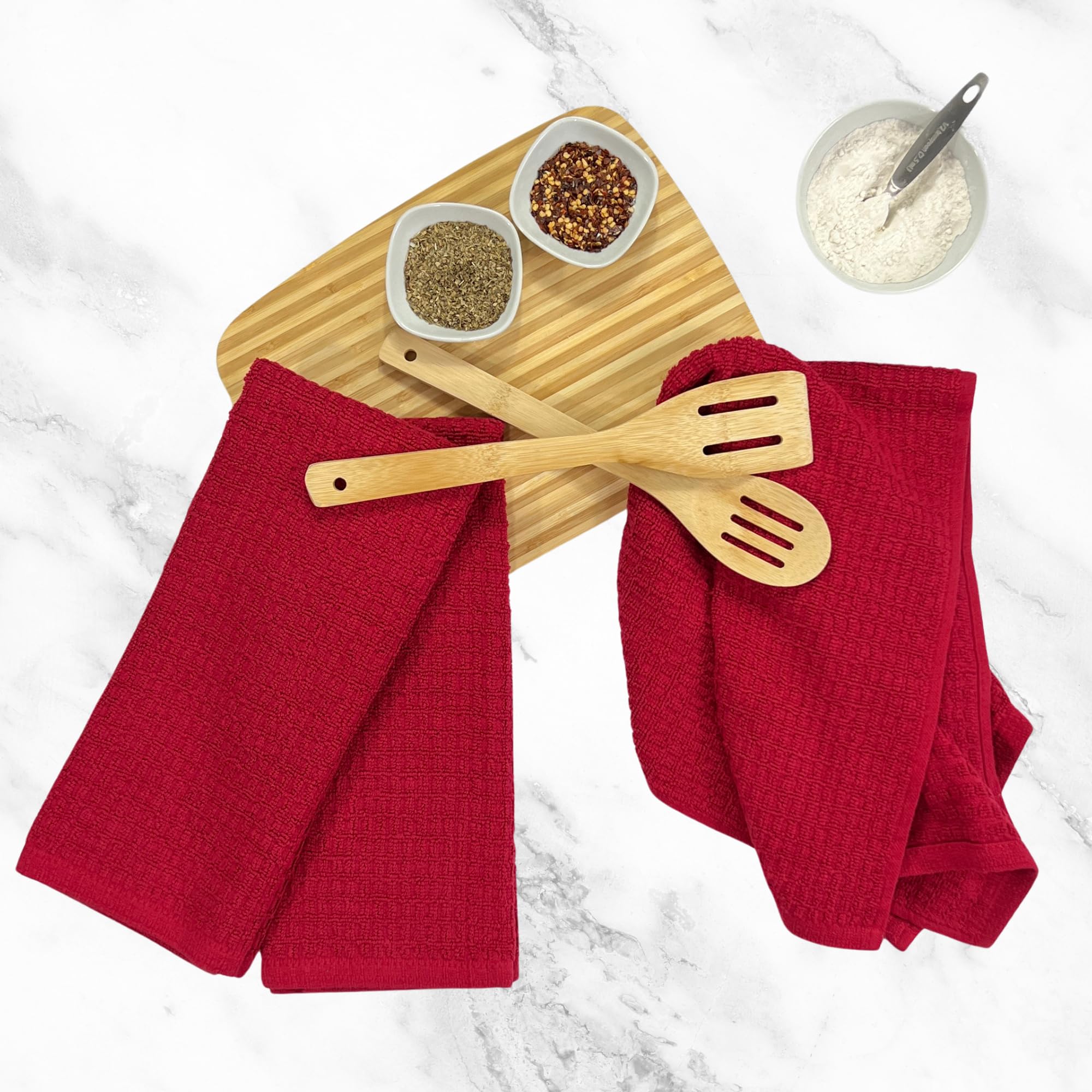 Red Waffle Kitchen Dish Towels 100% Cotton Cloth Soft Cleaning Drying Absorbent Terry Box Loop: Set Of 3 Multipurpose For Everyd