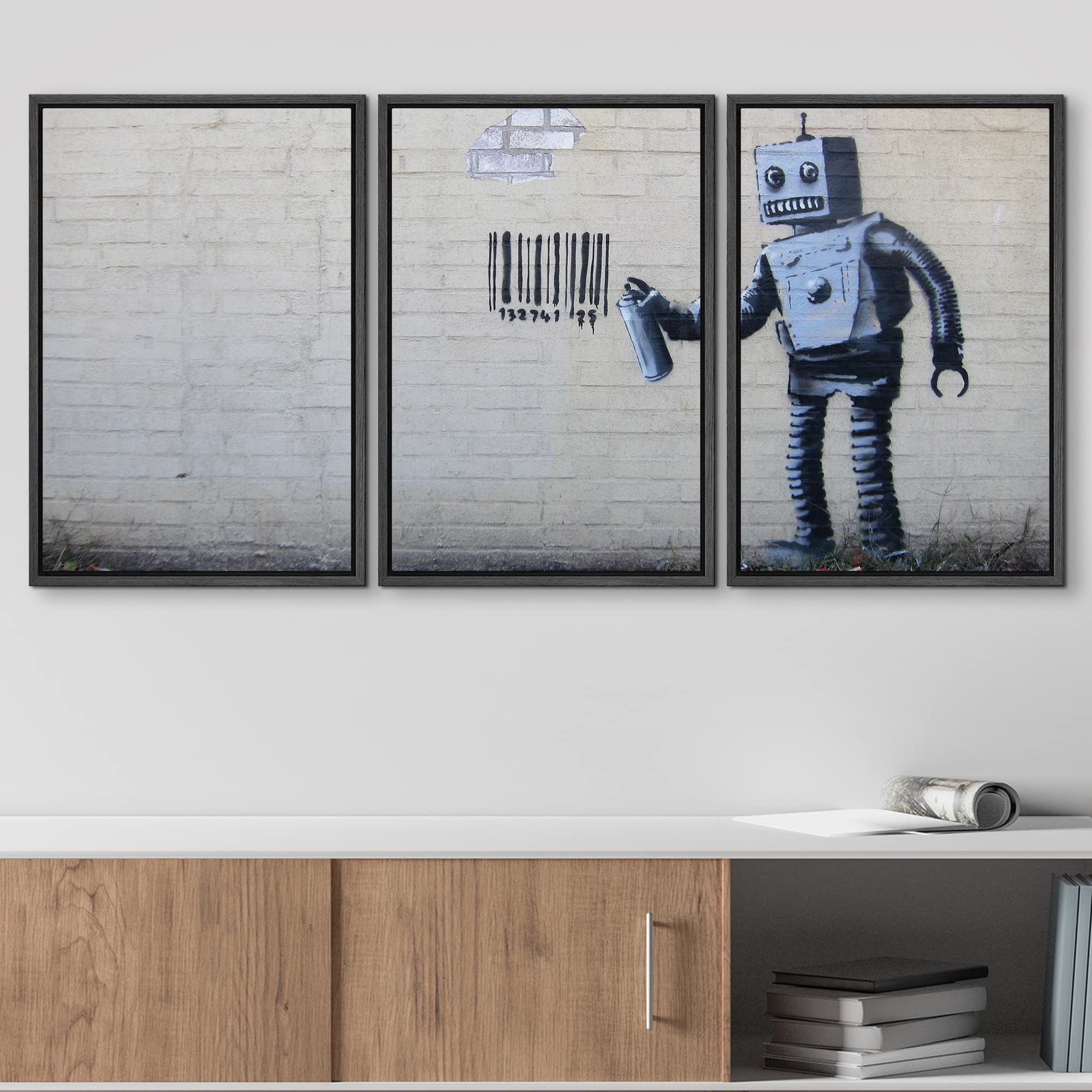 Wall26 - Robot Graffiti Banksy Street - Framed Canvas Art Wall Art - 24''X36''X3 Black