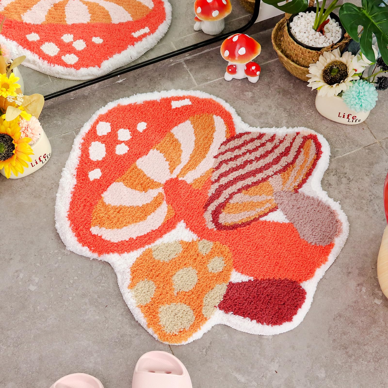 Softania Mushroom Rug Cute Bath Mat Small Non Slip Bathroom Rug Washable Fun Kids Bath Mats - Water Absorbing Bath Mat Funky Mus
