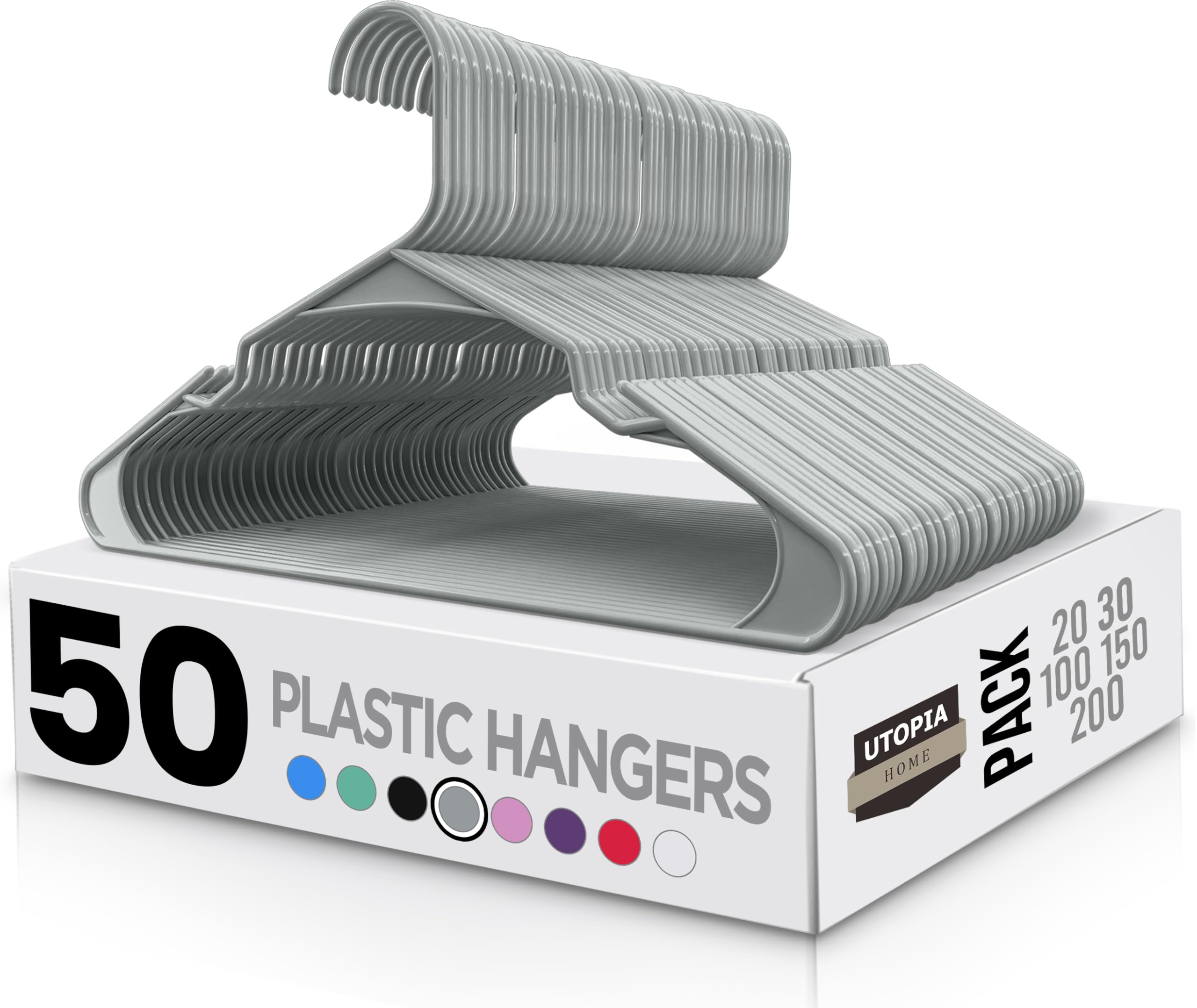 Utopia Home Clothes Hangers 50 Pack - Plastic Hangers Space Saving - Durable Coat Hanger with Shoulder Grooves (Grey)