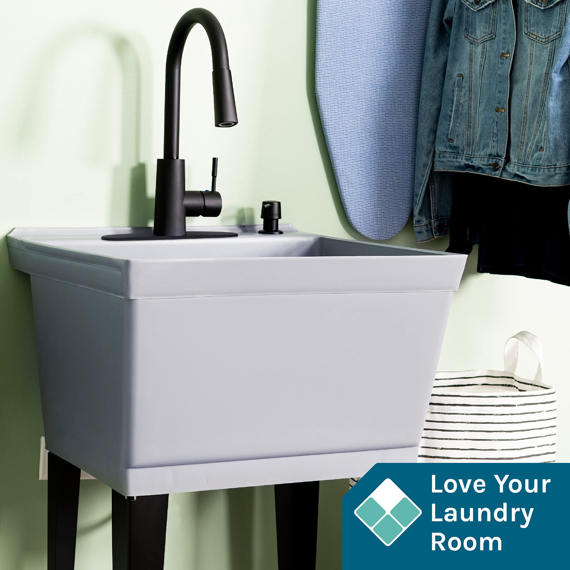 Grey Utility Sink Laundry Tub With High Arc Black Faucet By VETTA - Pull Down Sprayer Spout  Heavy Duty Slop Sinks For Washing Room  Basement  Garage  or Shop  Free Standing Tubs