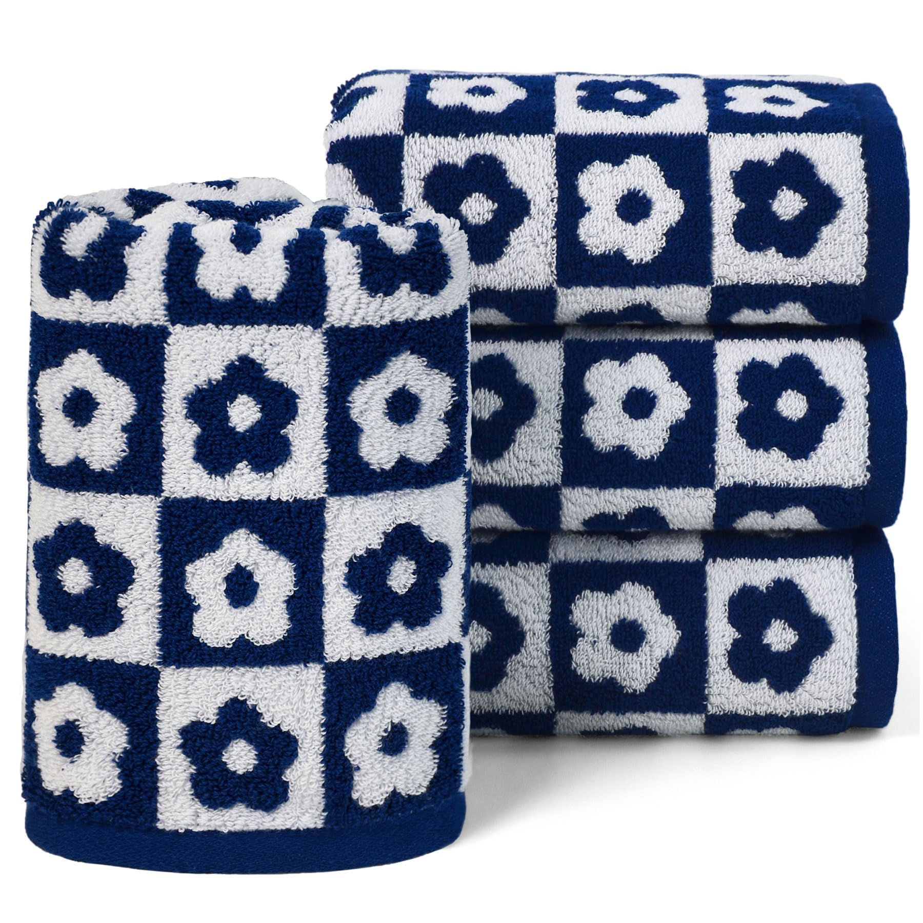 Jacquotha Hand Towels For Bathroom Navy Blue & White - Checkered Floral Decorative Hand Towel Set Of 4, 100% Cotton, 13X29 Inche