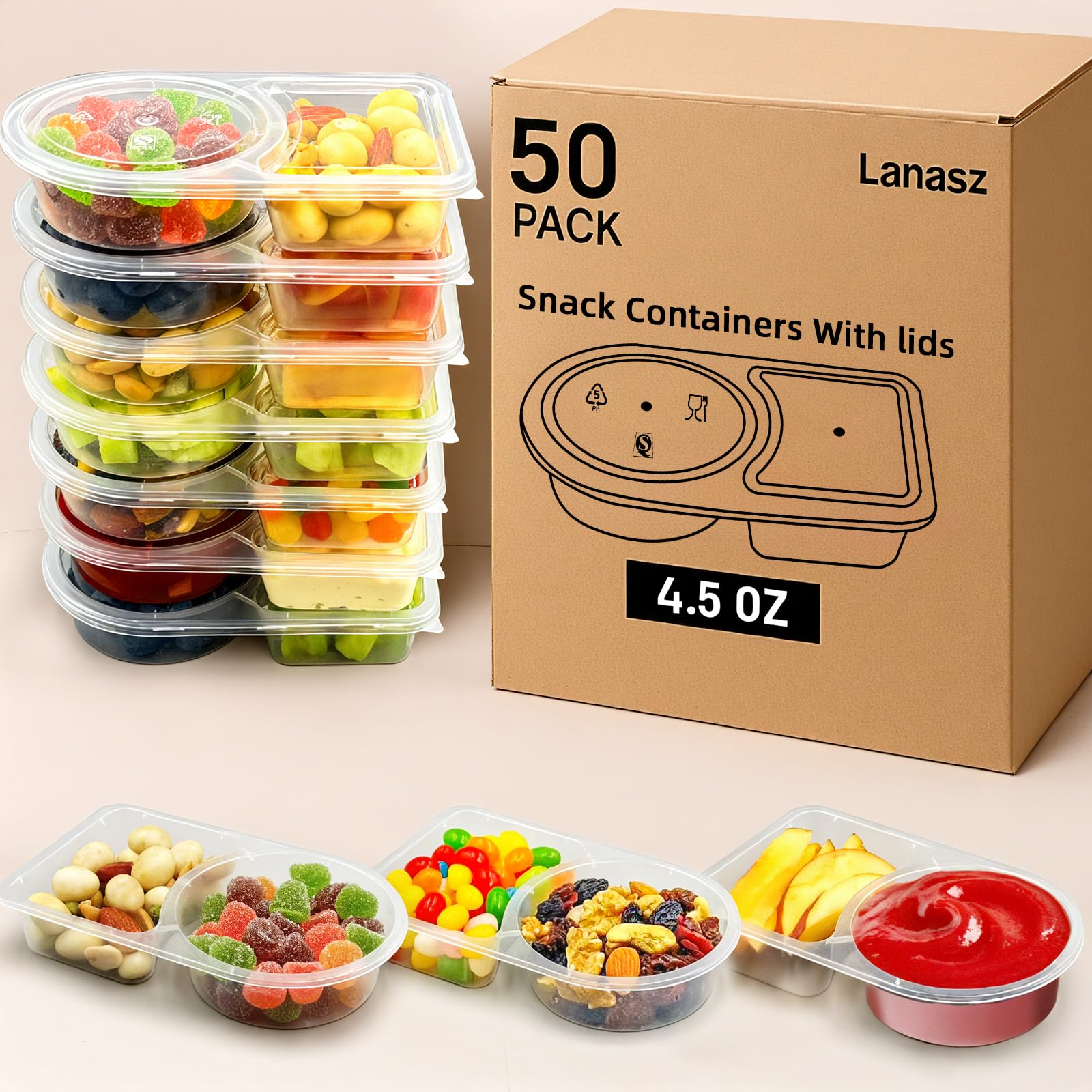 Lanasz 50 Sets 4.5 Oz Reusable snack containers with lids, Disposable Double Compartment Plastic Container for Sauce Snack,Condi