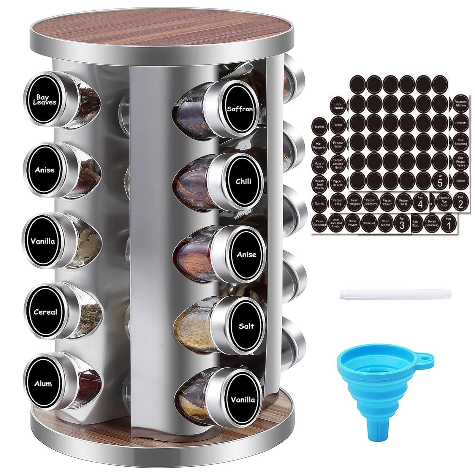WAYDA Rotating Spice Rack Organizer, 20 Jars Revolving Seasoning Organizer for Cabinet, Stainless Steel Spice Tower for Kitchen