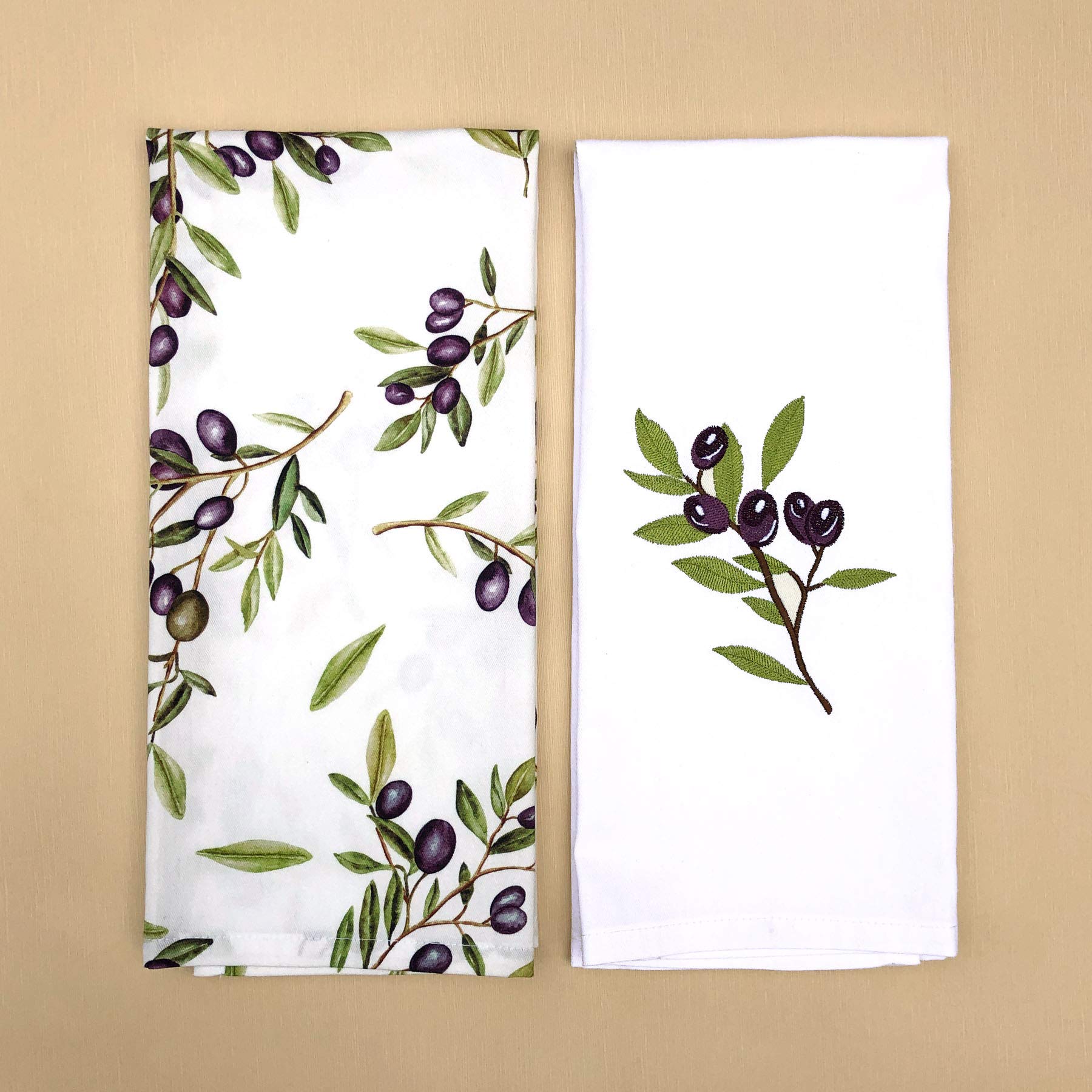 Cait Chapman Home Collection Olive Leaves And Branches Tea Towel Set Of One Printed And One Embroidered Towels 18''X28'', Pack O