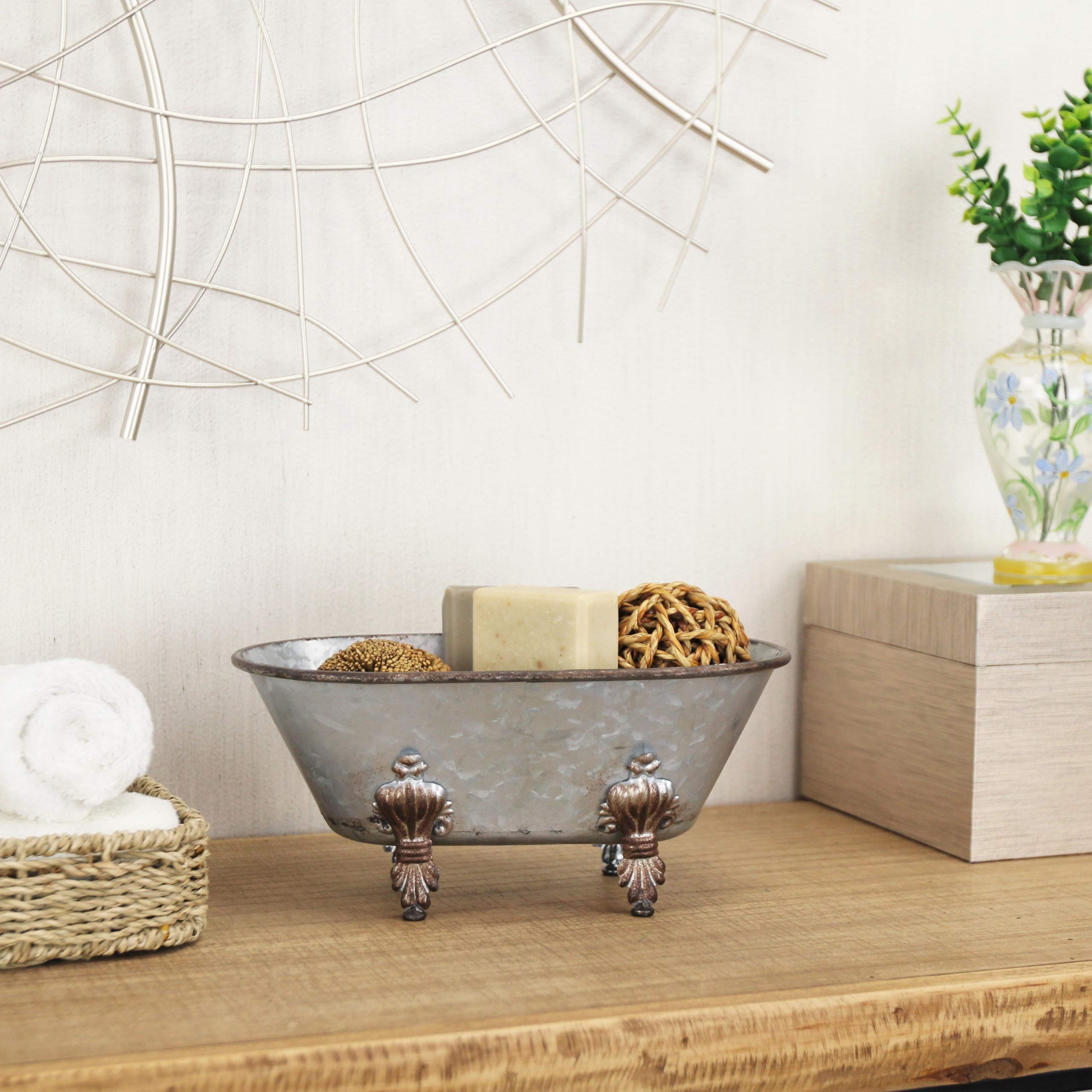Cheungs Lavande Metal Fleur-De-Lis Tub Decor-Small-Galvanized Table D  Cor, 10'' L X 5.5'' W X 4.5'' H, Gray