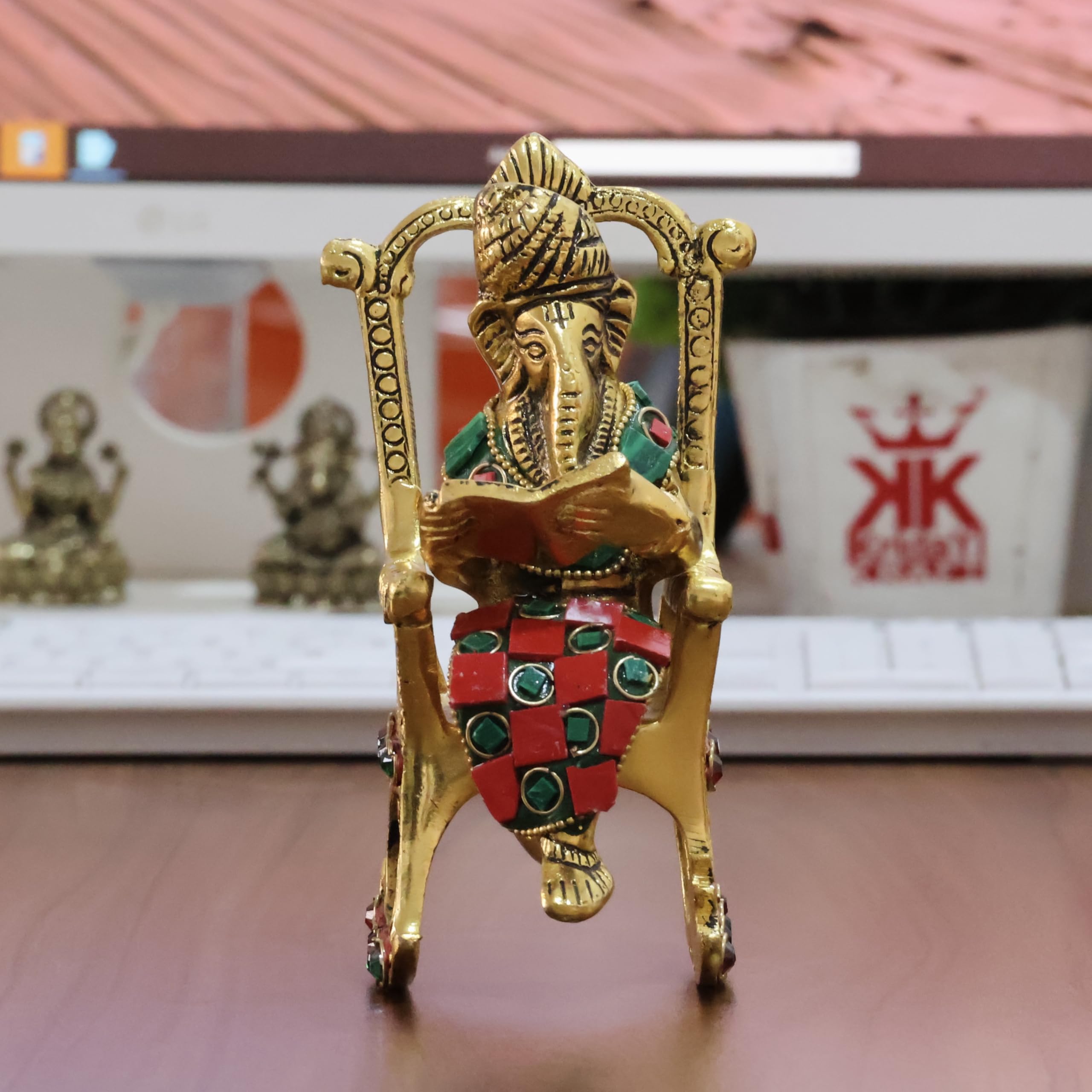 Kridaykraft Chair Ganesha Ji Reading Book With Stone Work,Ganesha Metal Statue,Ganpati Murti Idol For Pooja & Home,Office Dcor G