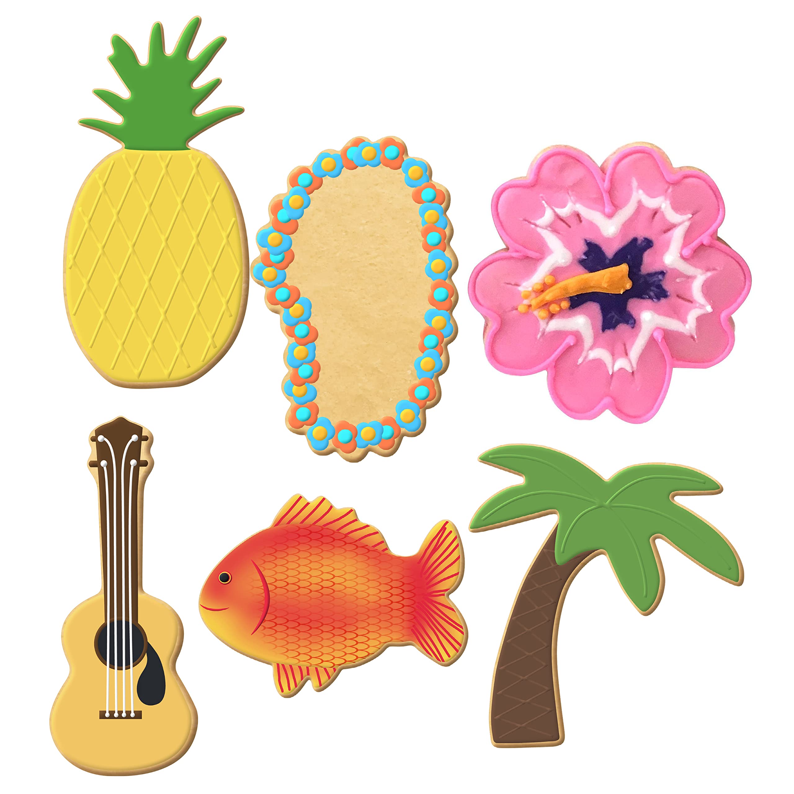 Foose Cookie Cutters 6 Piece Tropical Set 5.25'' Guitar, 5'' Palm Tree, 5.25'' Pineapple, 3.75'' Hibiscus, 3.5'' Fish, 4'' Lei,