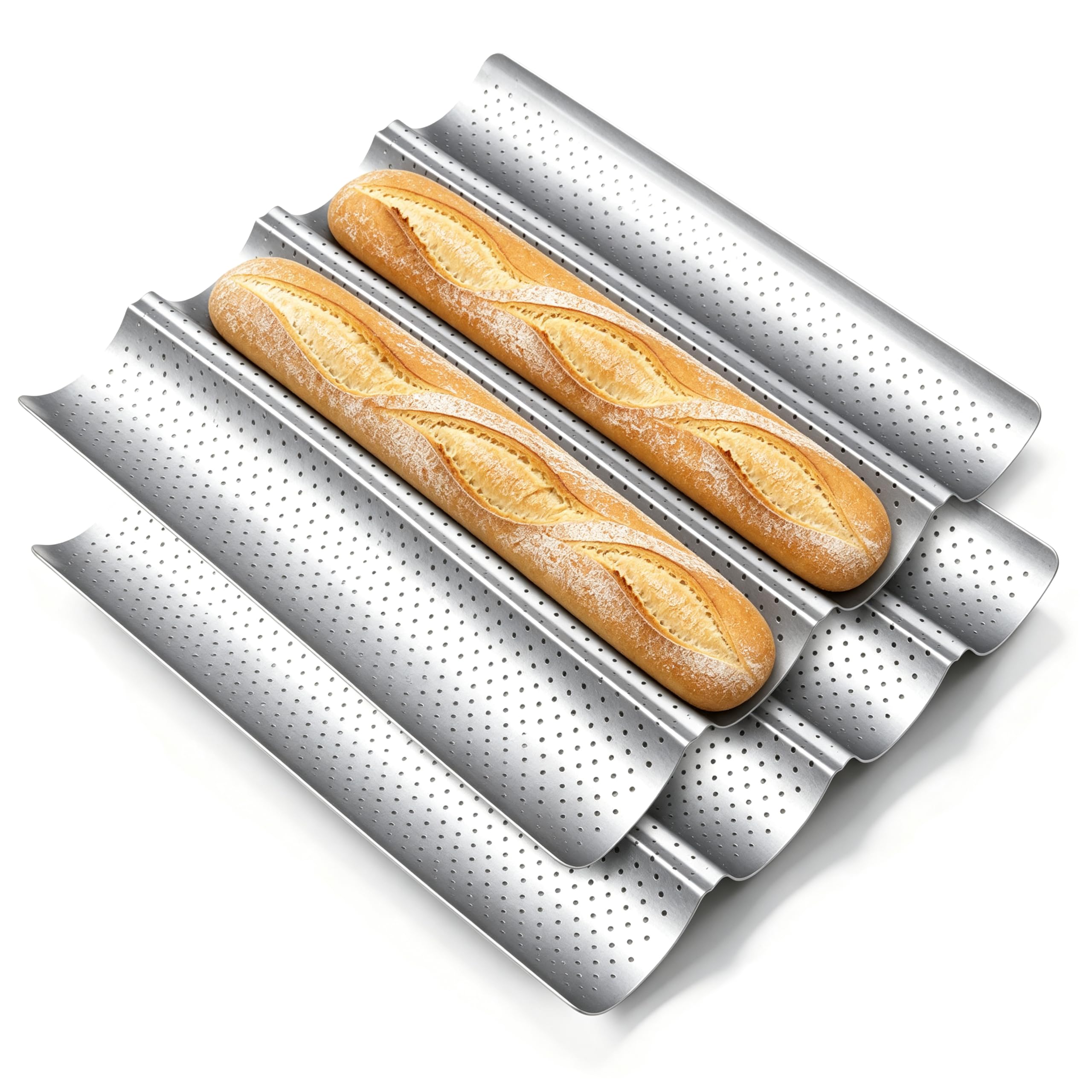 Baguette Bread Pan, 2Pack 4Slot Nonstick French Bread Pans, Silver