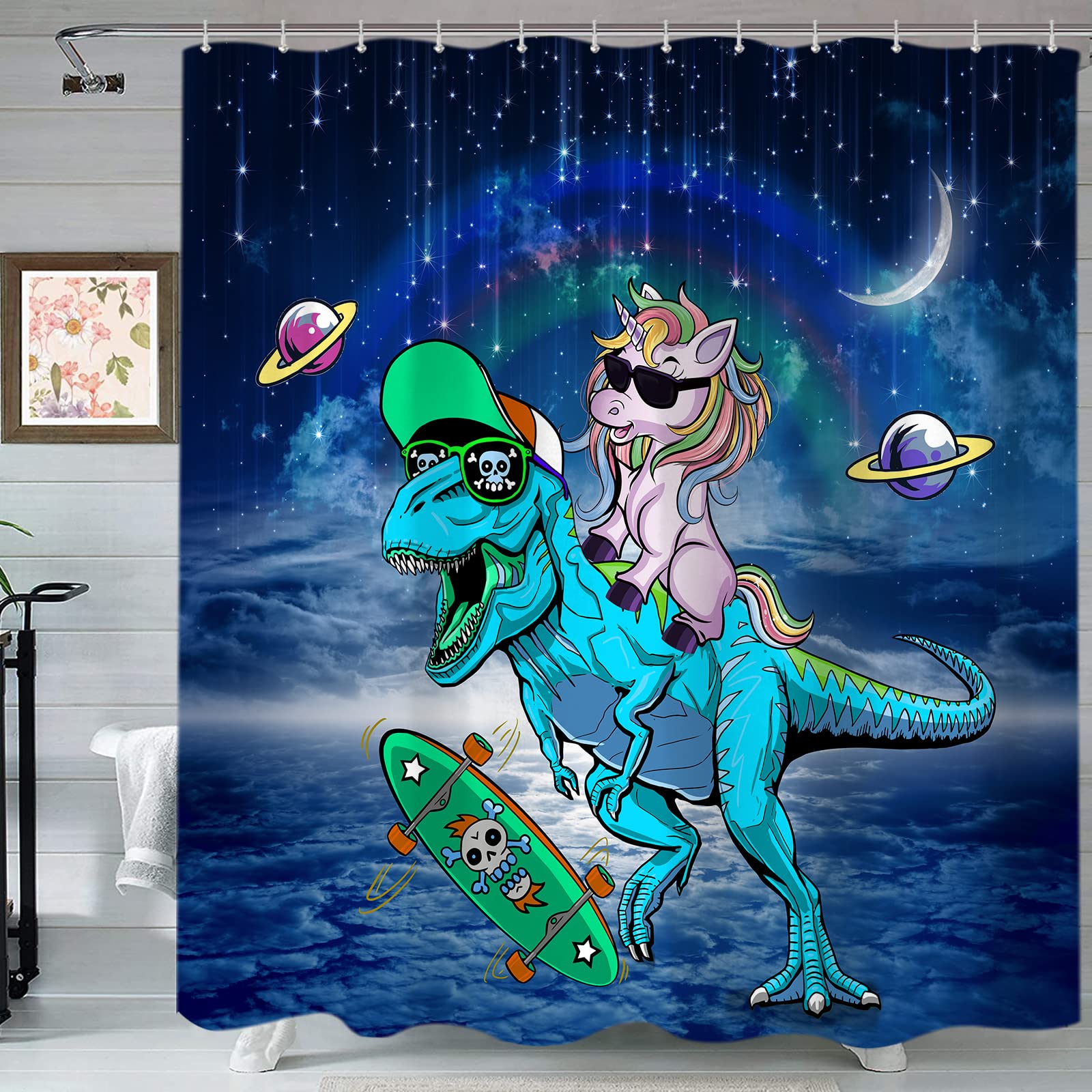 Funny Dinosaur Shower Curtain Set For Kids Bathroom, Cute Unicorn Riding Dinosaur Rainbow Decor Fabric Shower Curtains Sets Gala