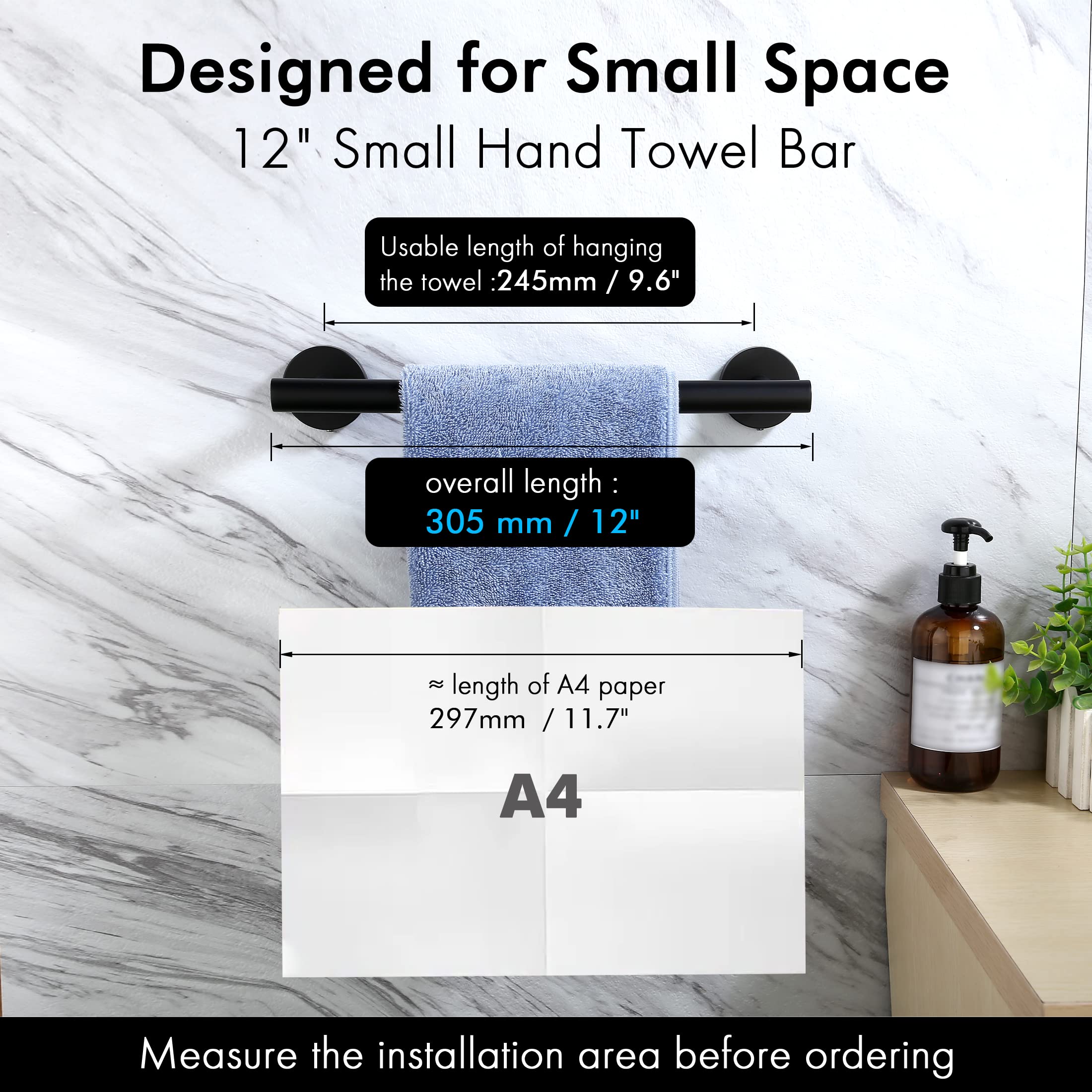 Kes 9.6 Inches Matte Black Hand Towel Bar Bathroom Towel Holder Kitchen Dish Cloths Hanger Sus304 Stainless Steel Rustproof Wall