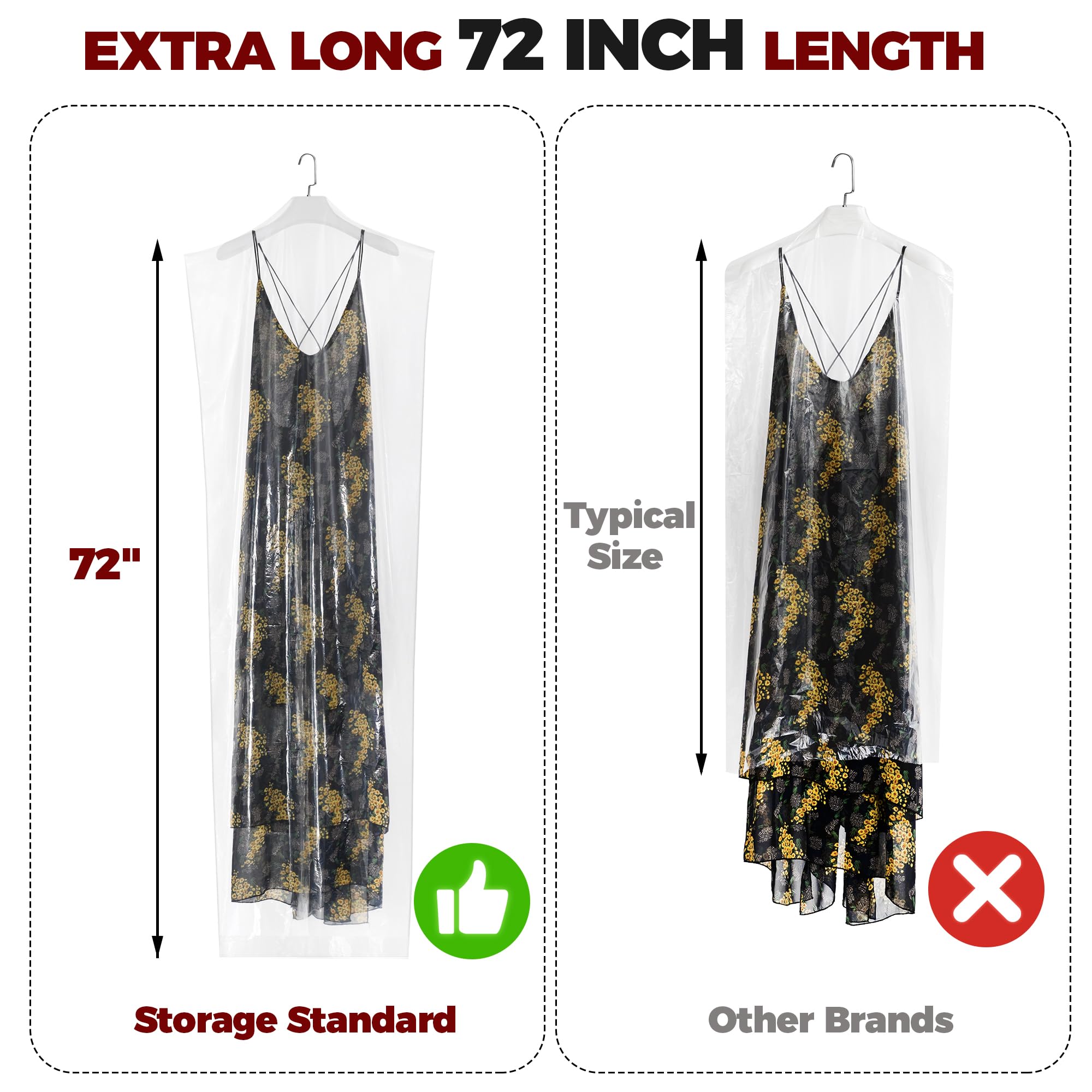 60-Pack Extra Long Dry Cleaning Bags For Clothes 72-Inch Long - Clear Plastic Garment Bags For Hanging Clothes, Dry Cleaner Plas