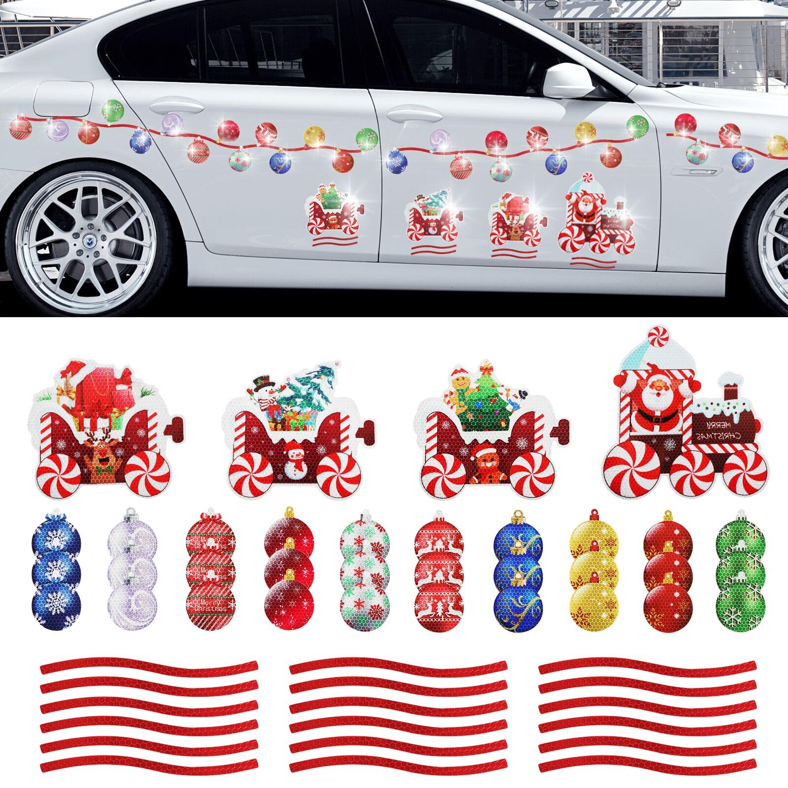 62 Pieces Christmas Car Refrigerator Decorations Cruise Door Xmas Ball Funny Santa Train Reflective Magnets Decor for Fridge Ref