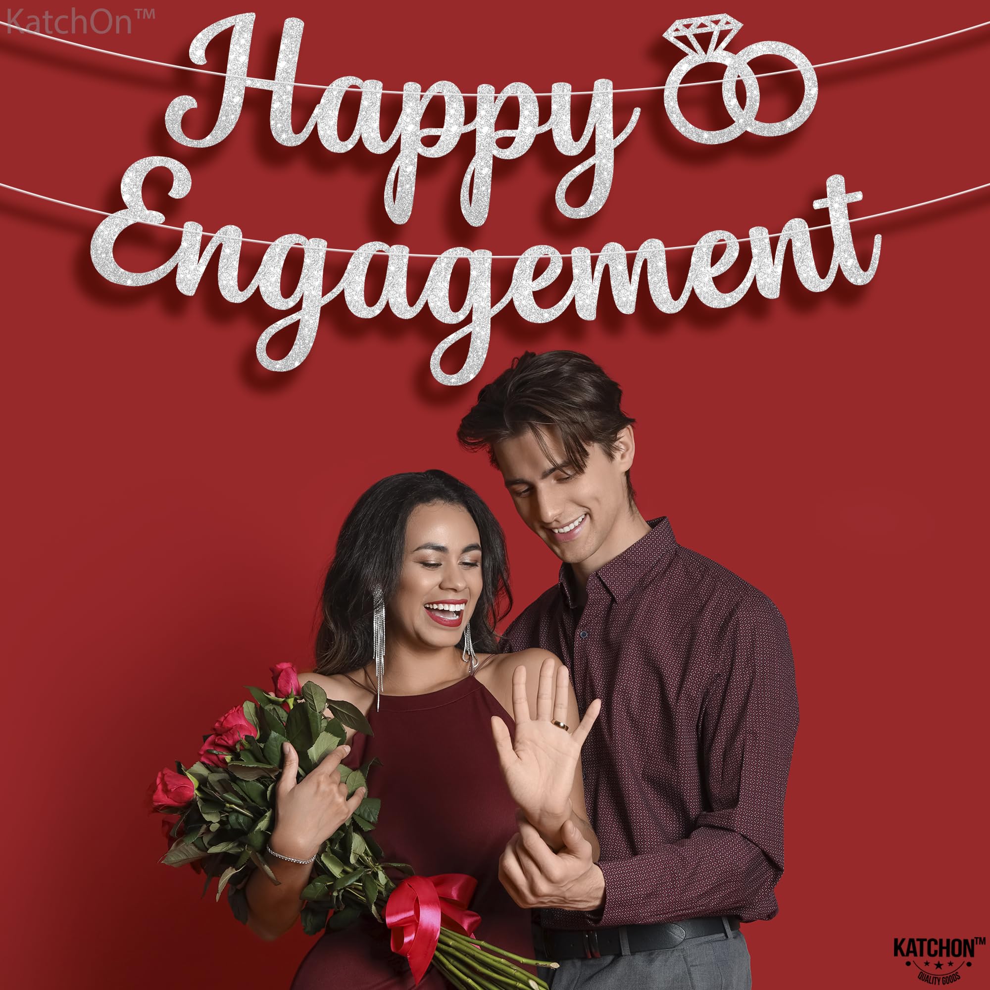 Katchon, Silver Glitter Happy Engagement Banner - 10 Feet, No Diy | Engagement Party Decorations | Engagement Party Banner | Hap