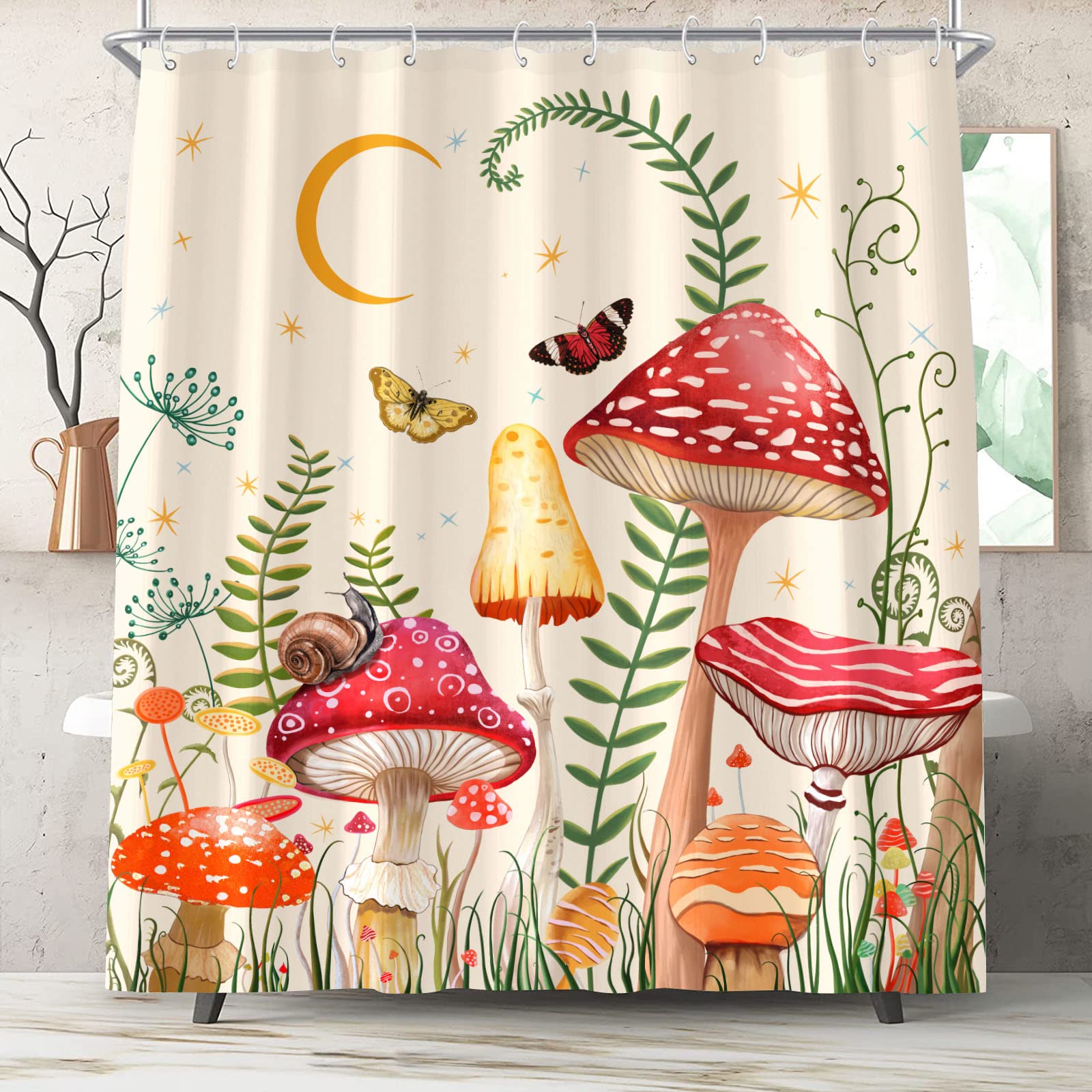 Zussun Extra Long Mushroom Shower Curtain Set Beige And Red Floral Butterfly Waterproof Fabric Bathroom Shower Curtains Aestheti