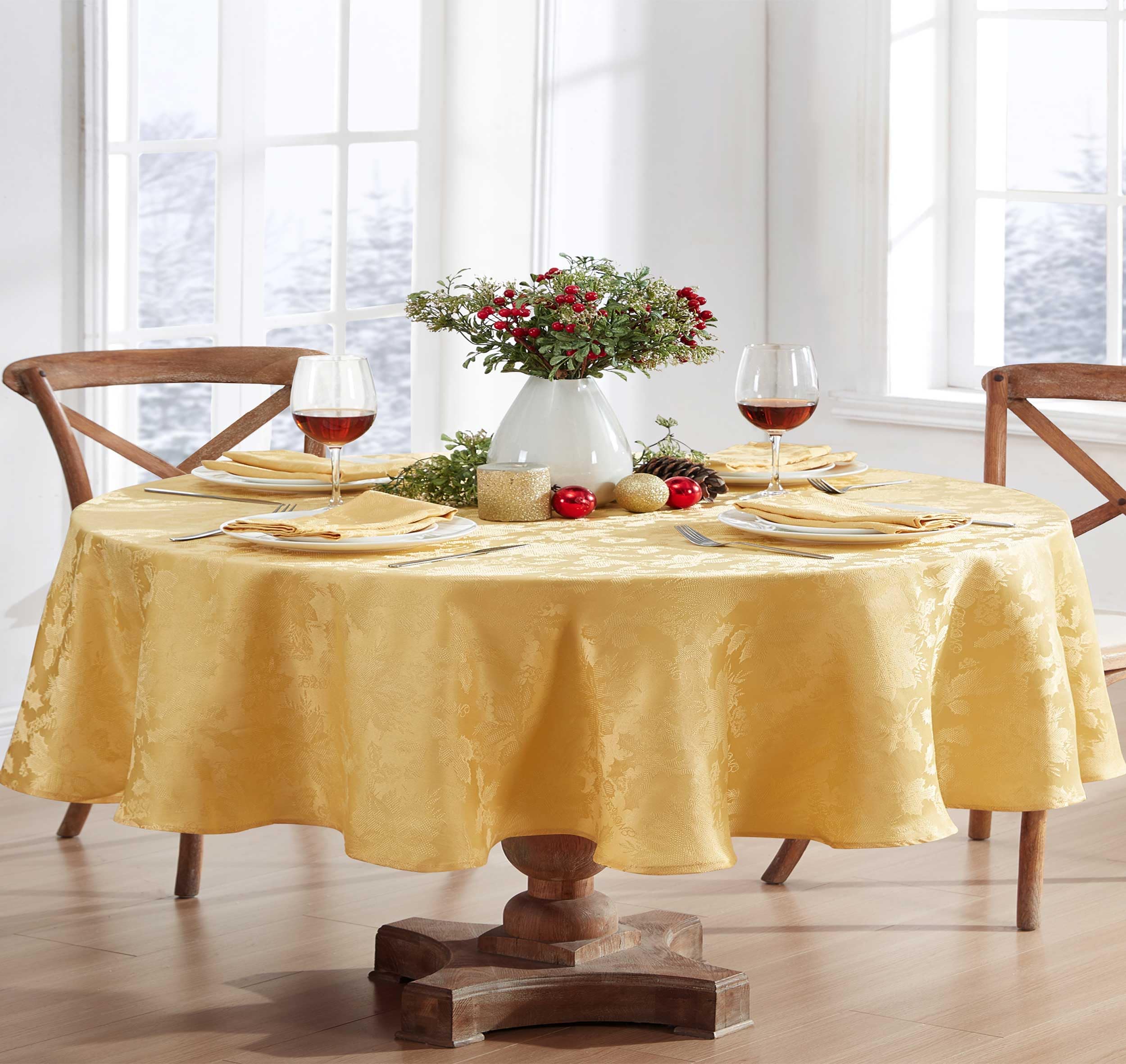 Newbridge Achristmas Carola Holiday Noel Damask Tablecloth, Holly Leaf And Poinsettia Weave Damask Soil Resistant, Wrinkle Free