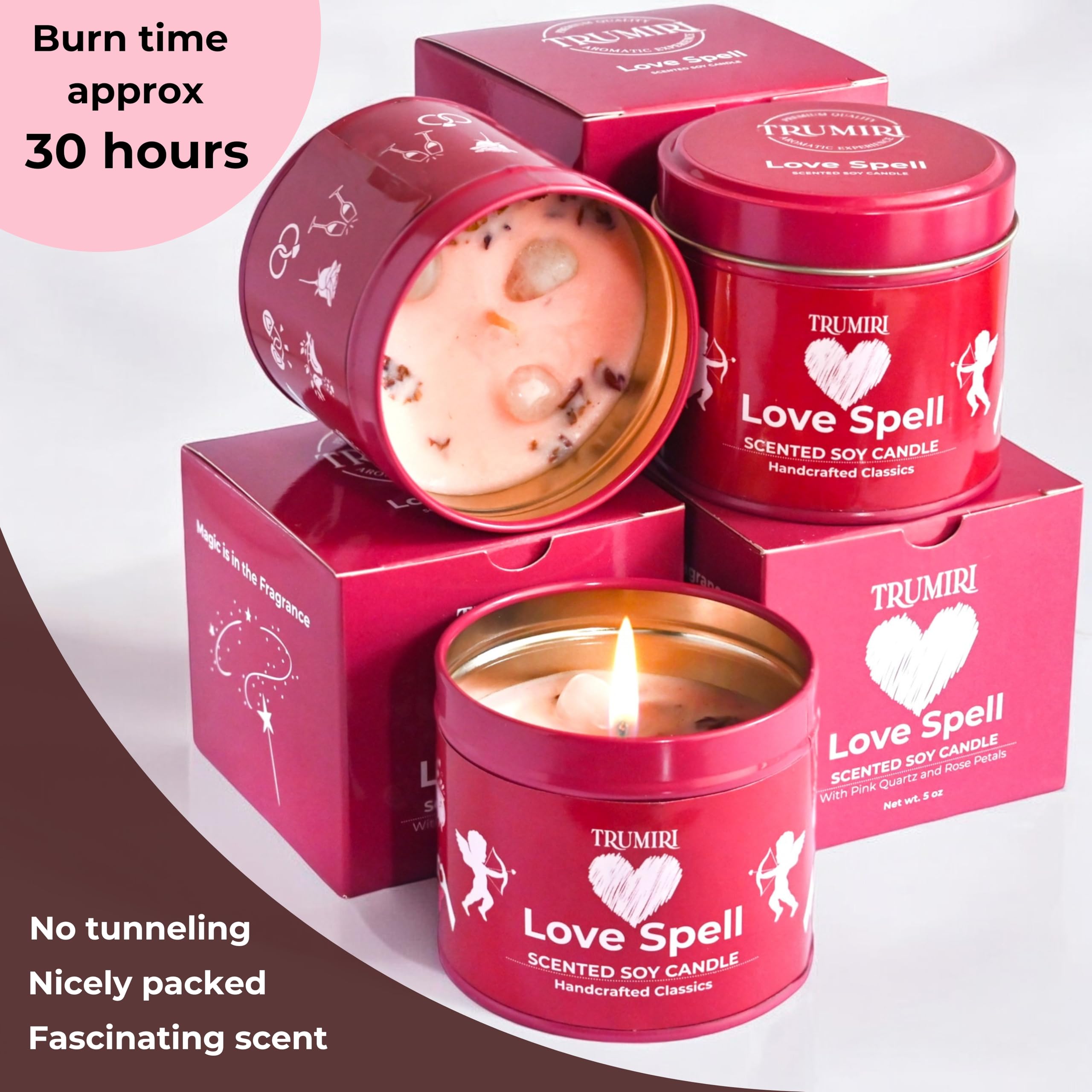 Love Spell - Scented Candles for Women & Men with Rose Petals and Crystals - Pack of 3 x 5oz Soy Clean Organic Non Toxic - Velas