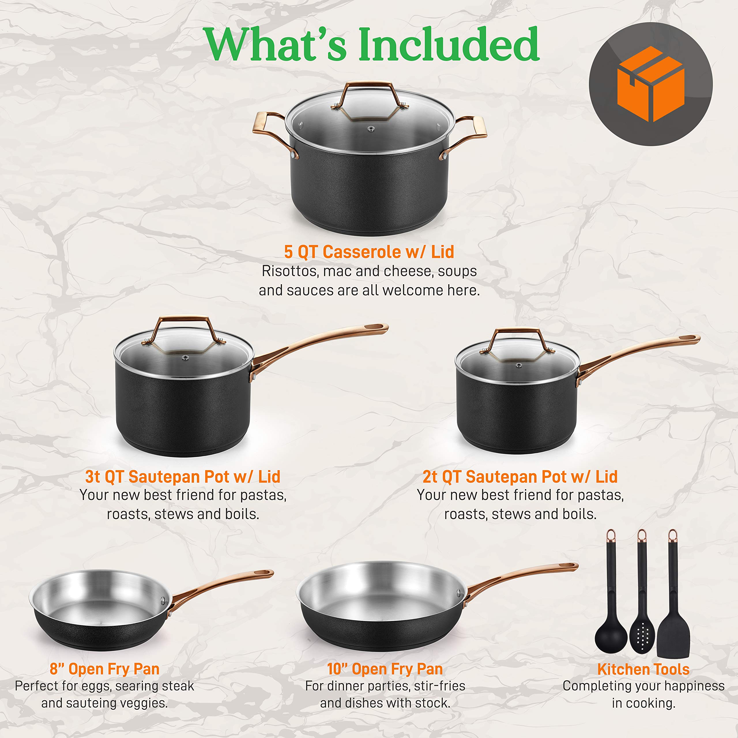 NutriChef 11 Pcs. Stylish Kitchen Set w/Modern Cookware Design Non-Stick Kitchenware Pots, Small & Medium Skillet Fry Pans w/Gol