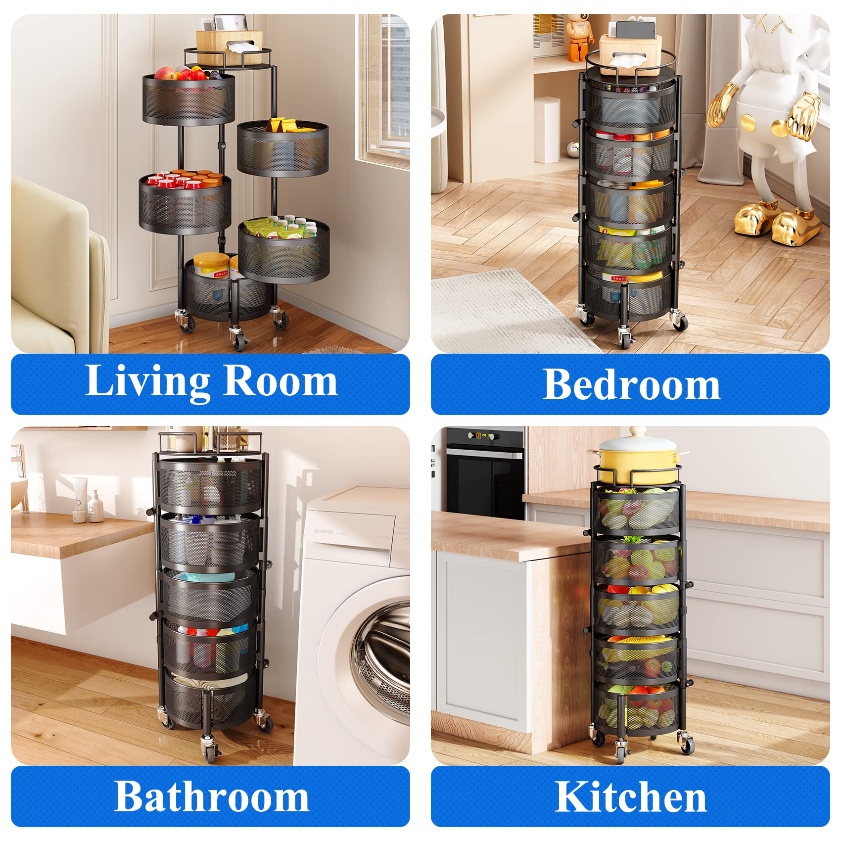 Fruit Vegetable Basket for Kitchen  Rotating Storage Rack  5 Tier Rolling Cart Basket with top lid  Large Metal Wire Basket with Wheels  Black