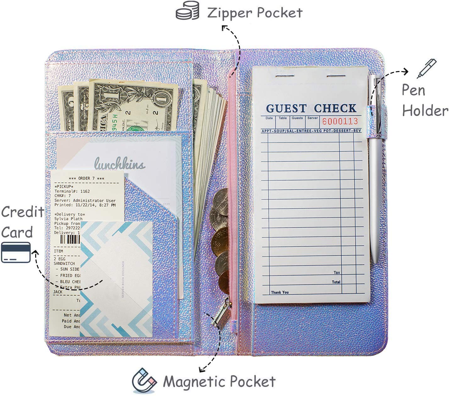 Zreal Server Book For Waitress With Zipper Pocket, 5 X 9 Serving Book, Magnetic Closure Pocket With Big Volume, Pen Holder For W