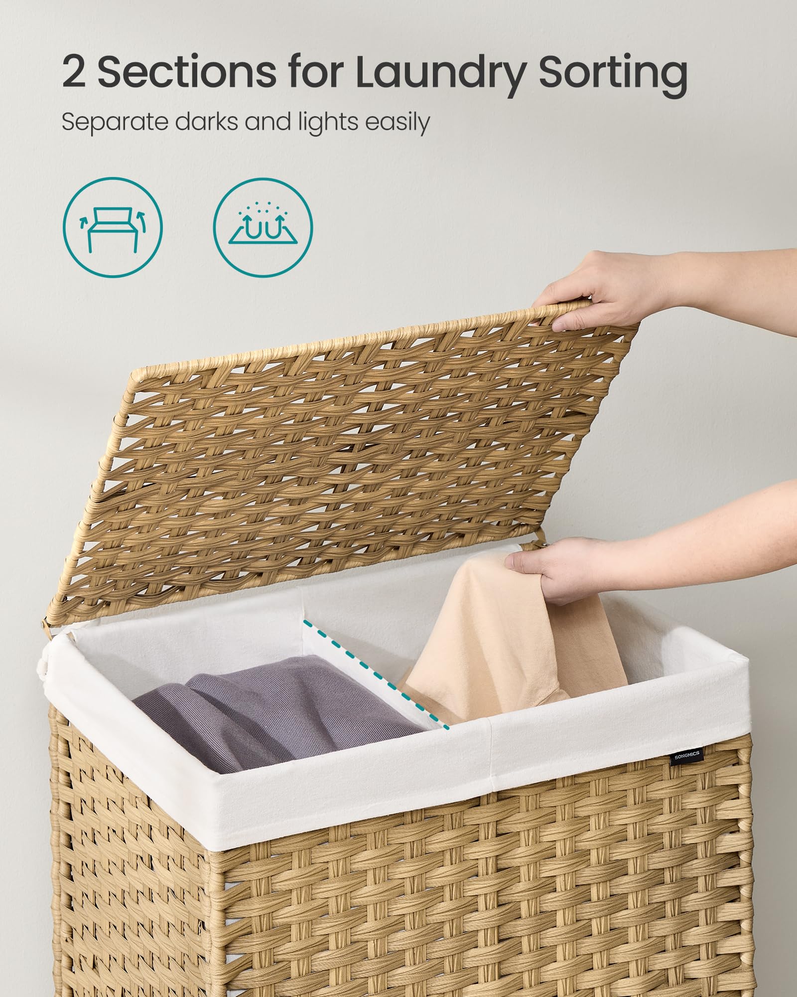 Songmics Laundry Hamper With Lid, 38.3 Gallons (145 L), Rolling Laundry Basket With Wheels, 2-Section Synthetic Rattan, Removabl