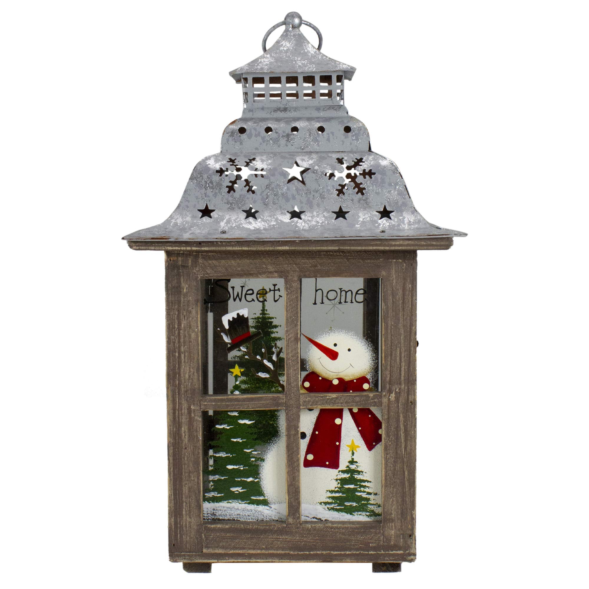 Northlight Rustic Wooden Snowman Holiday Scene Christmas Pillar Candle Lantern, 16.5, Silver