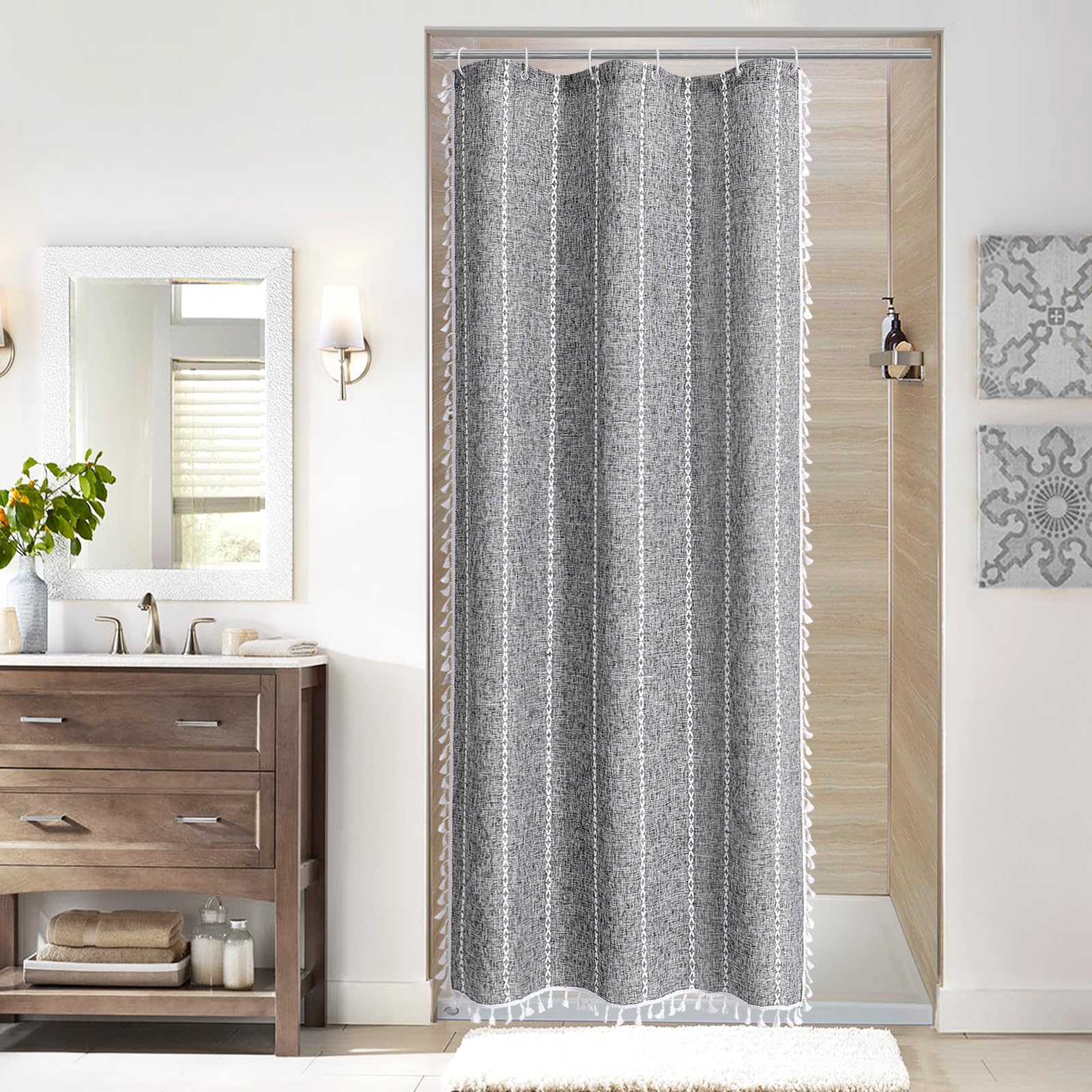 Mitovilla Dark Grey Farmhouse Shower Curtain Set 72 X 78, Boho 78 Inch Long Cotton Linen Tassel Fabric Shower Curtain Set For Ch