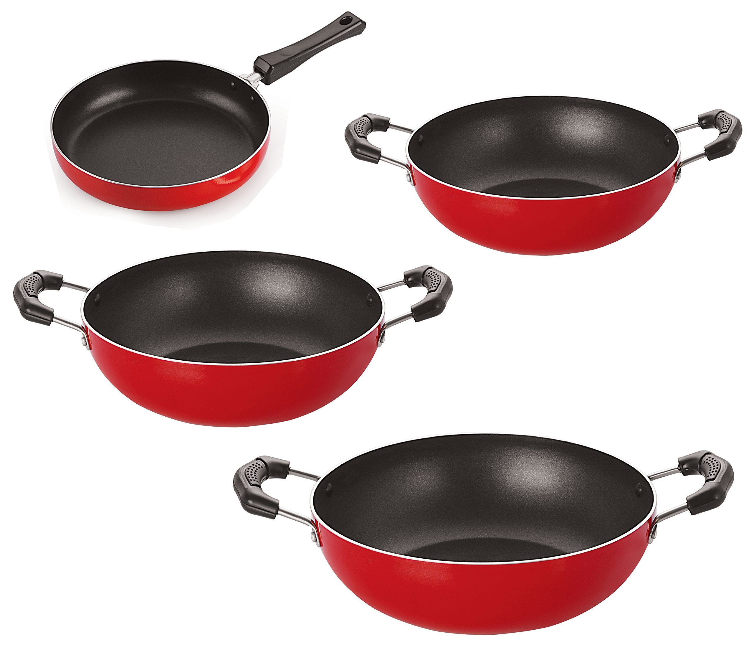 Nirlon NonStick Aluminum Cookware Set, 4Piece, Red And Black (Fp10_Kd11_Kd12_Kd13)