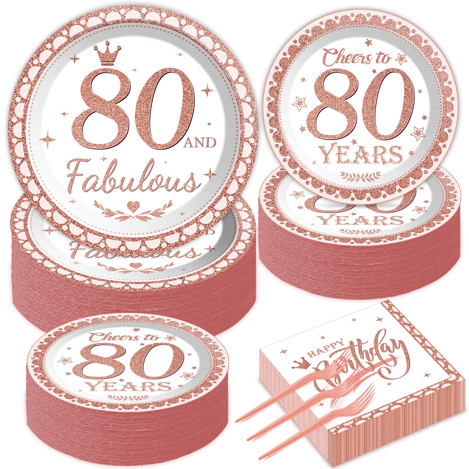 50 Guests 80Th Birthday Plates And Napkins 80Th Birthday Decorations For Women Rose Gold Happy Birthday Party Fabulous Tableware
