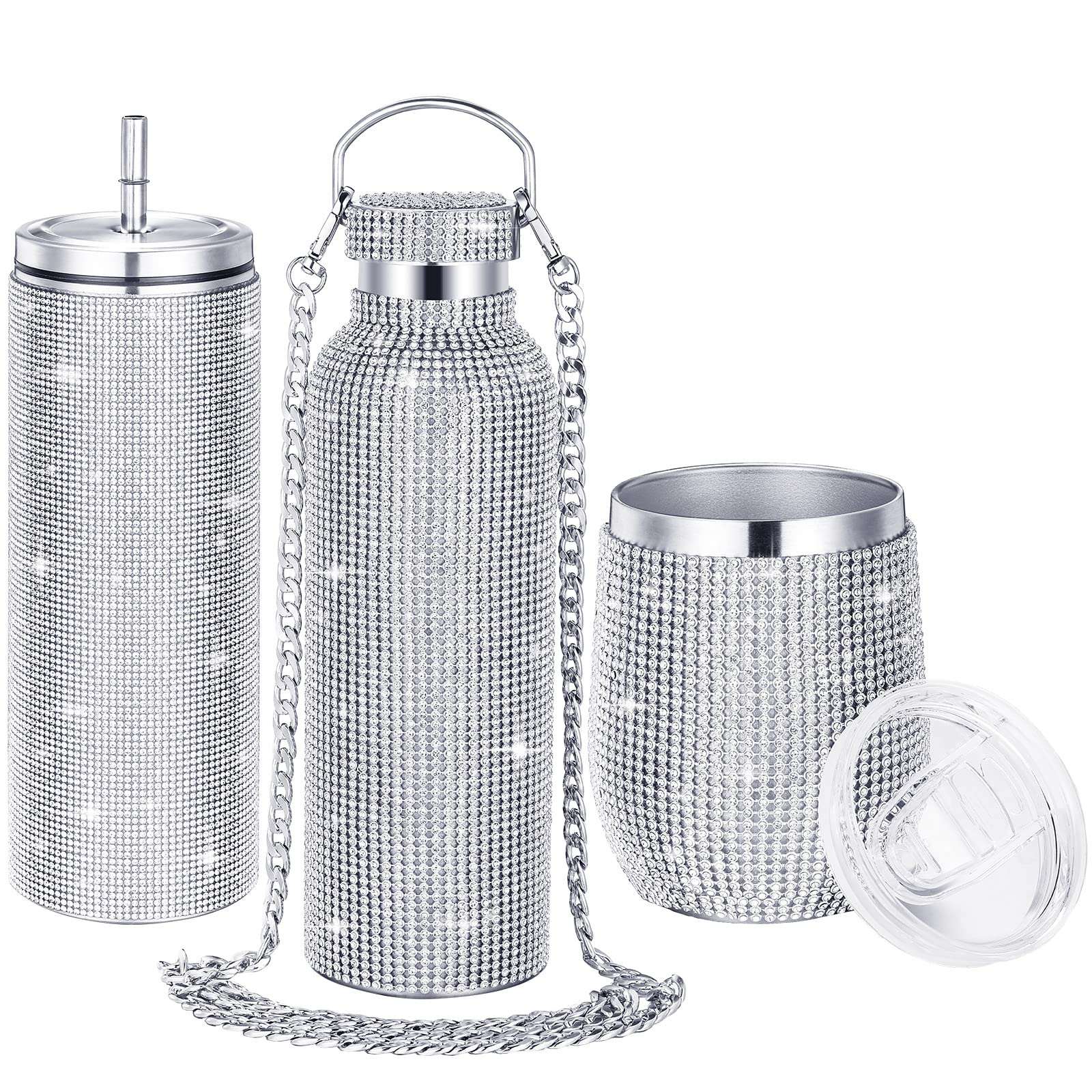 Youyole 3 Pcs Diamond Water Bottle Rhinestone Water Bottle Glitter Tumbler Thermal with Chain Bling Cups with Lids Rhinestones S