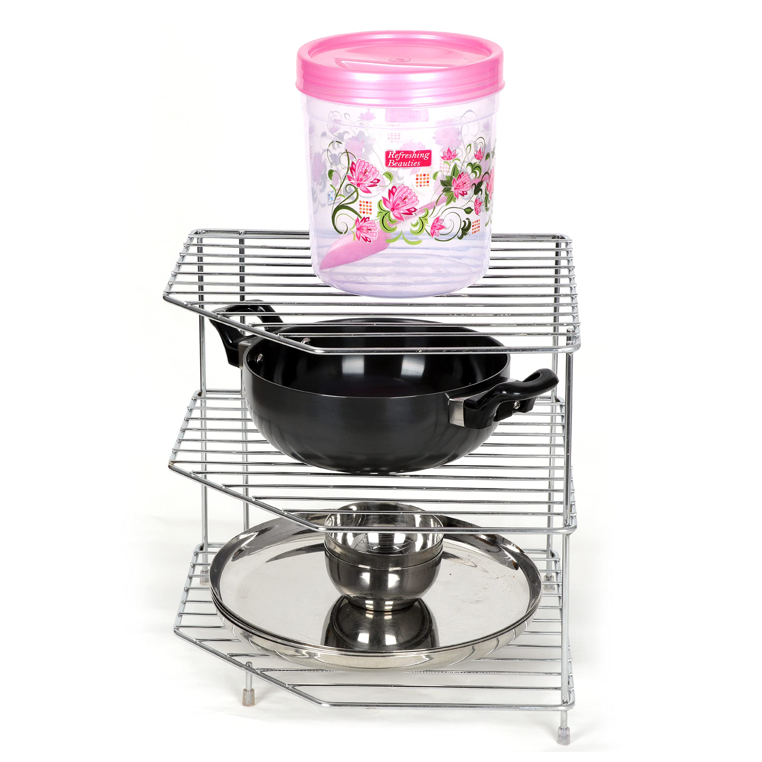 FIT N FORGET Stainless Steel Floor Mount Kitchen Corner Shelf Rack/Storage Shelf/Dish Rack/Kitchen Storage Rack/Bowl Rack/Shelf 