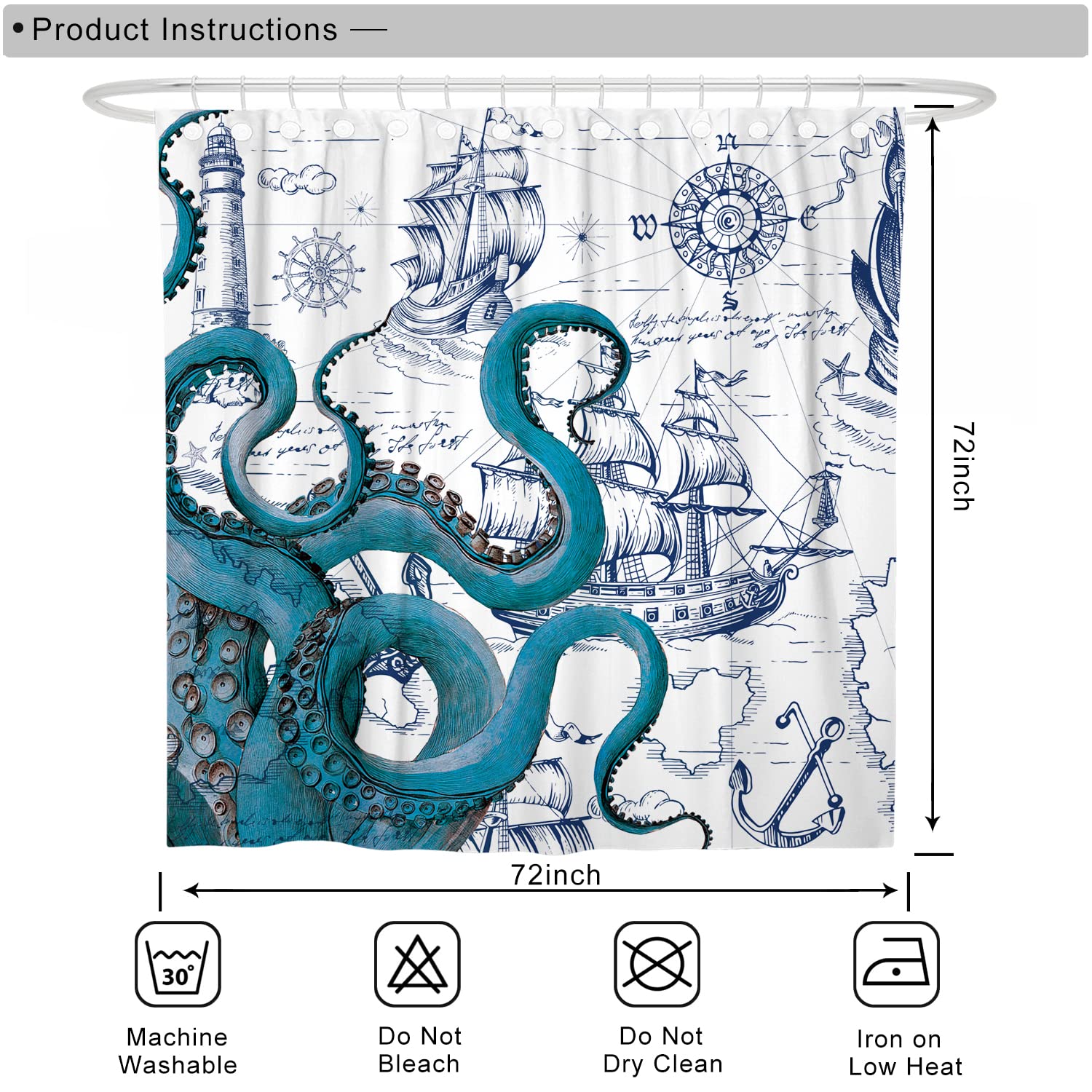 DESIHOM Blue Nautical Octopus Shower Curtain Set  Funny Ocean Kraken Shower Curtains for Bathroom  Beach Coastal Pirate Map Decor Polyester Fabric-72 '' x 72 ''