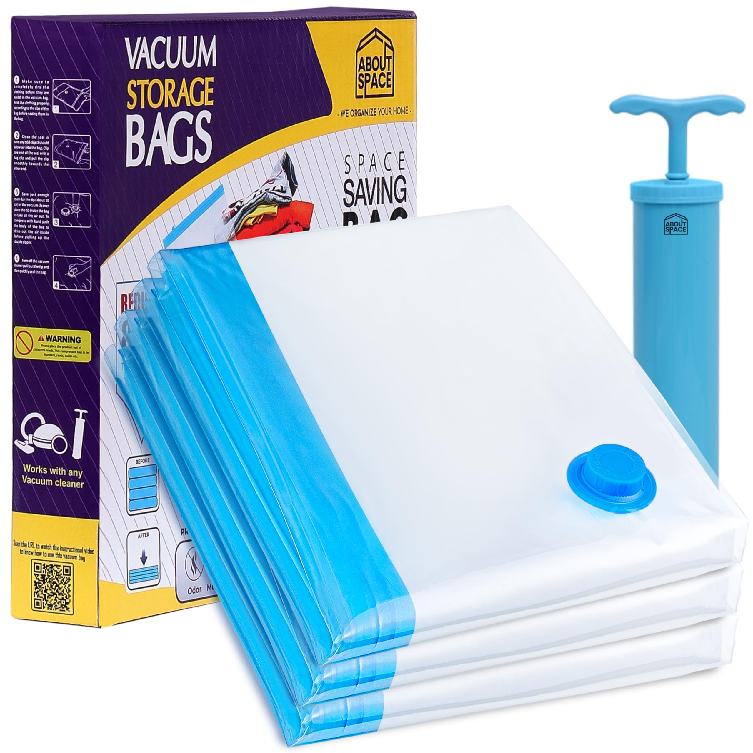 About Space Polyamide Polyethylene Vacuum Compression Bags (3 Pack) With Hand Pump | 32X Jumbo Zip Seal Compression Storage Bag