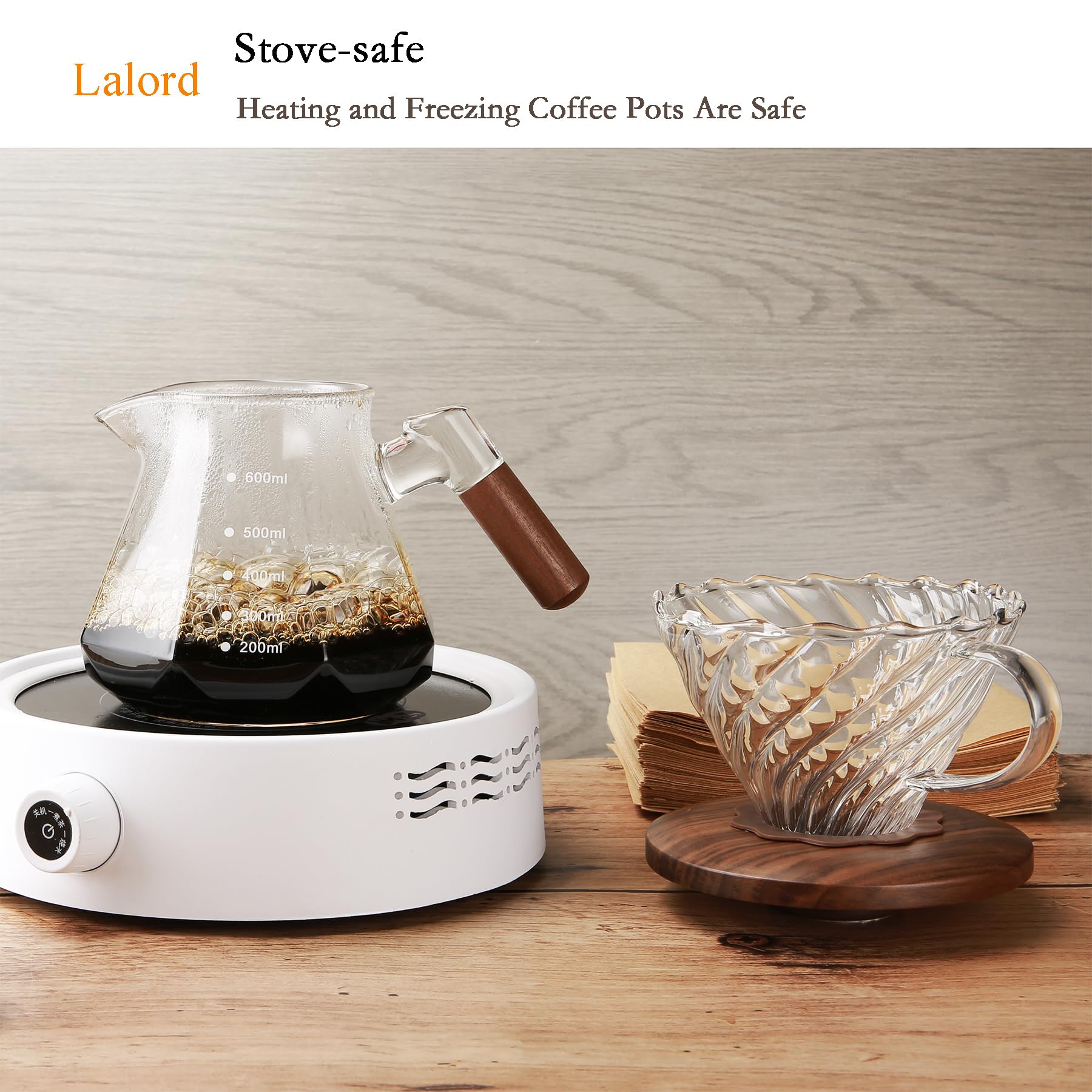Lalord Pour Over Coffee Maker, 20 Oz Borosilicate Glass Set With 100 Pcs V60 Paper Filter, Coffee Dripper With Walnut Collar, Co